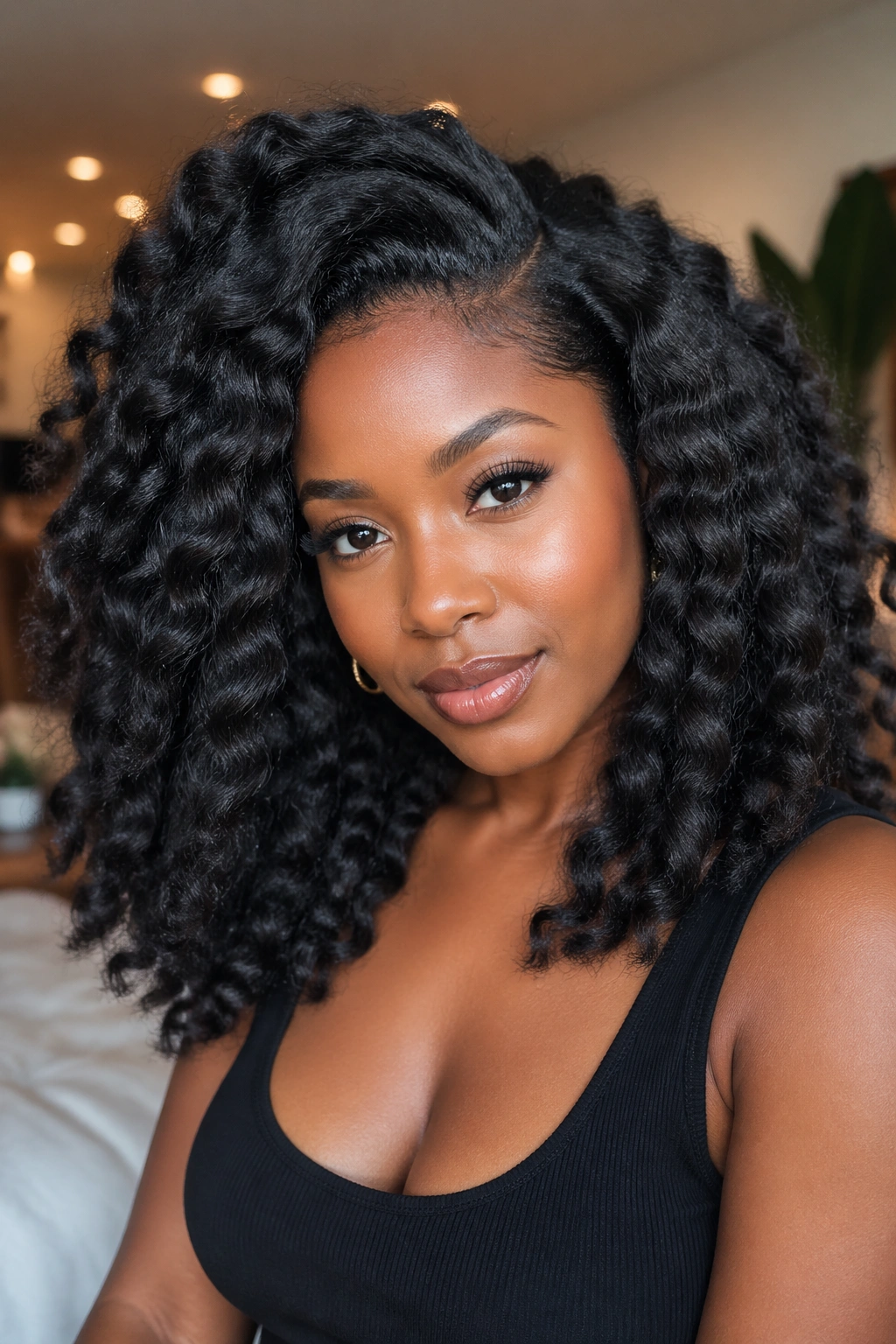 Close-up of a real woman with stretched braid-out waves and volume