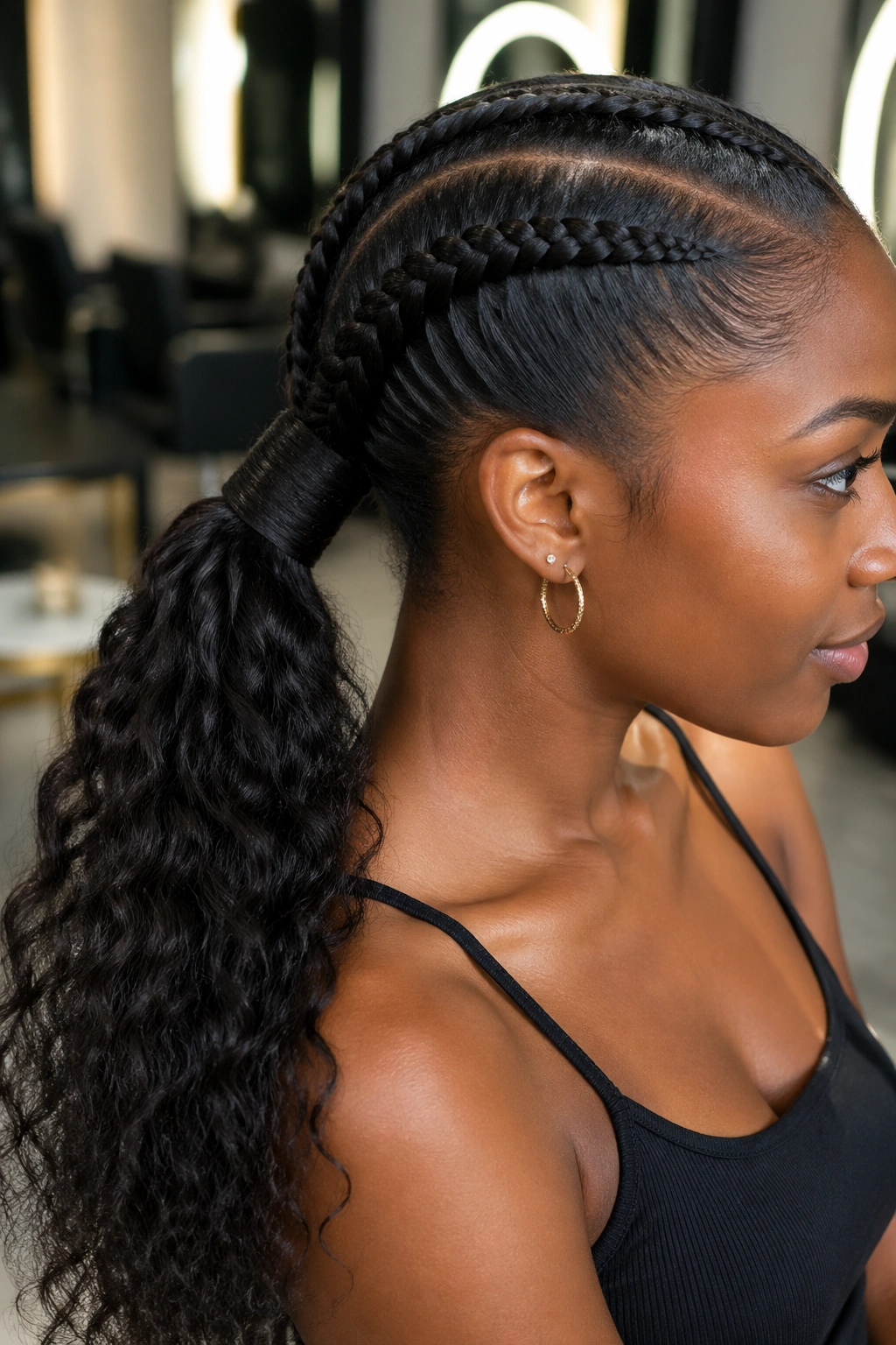 Two-braid ponytail with wrapped Kanekalon base around elastic