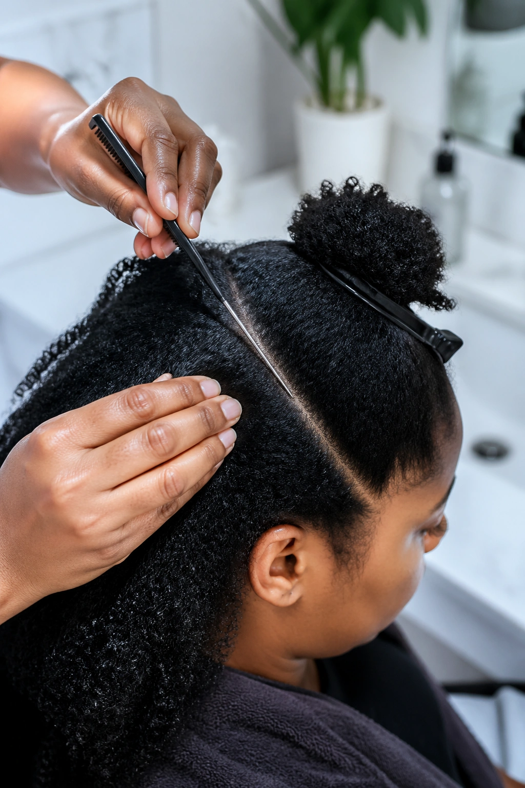 Close-up of hands preparing damp natural hair for braiding
