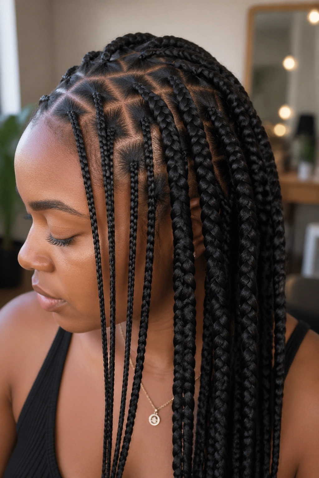 Real person with mixed-width box braids showing size differences