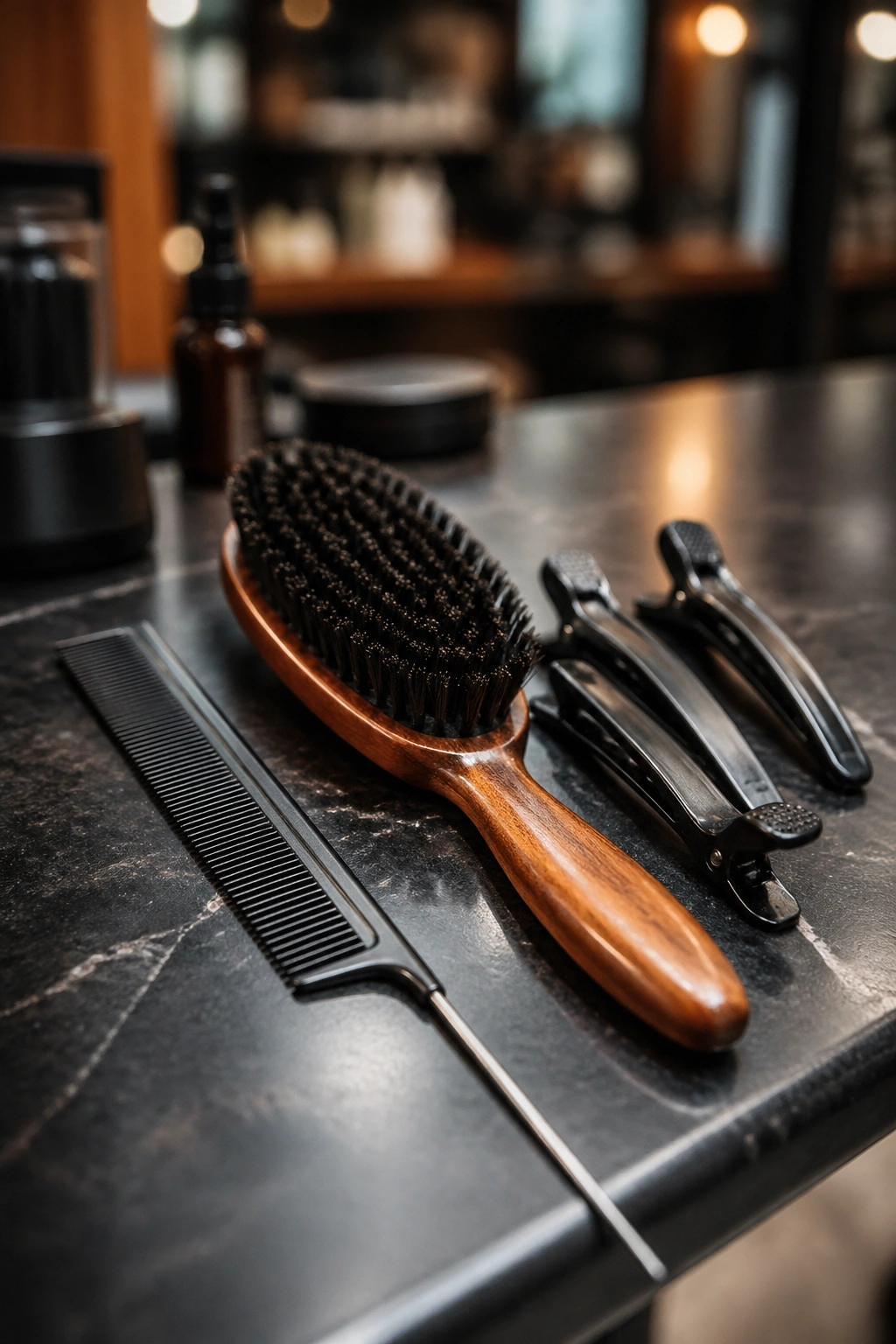 Close-up of hair styling tools on a clean surface