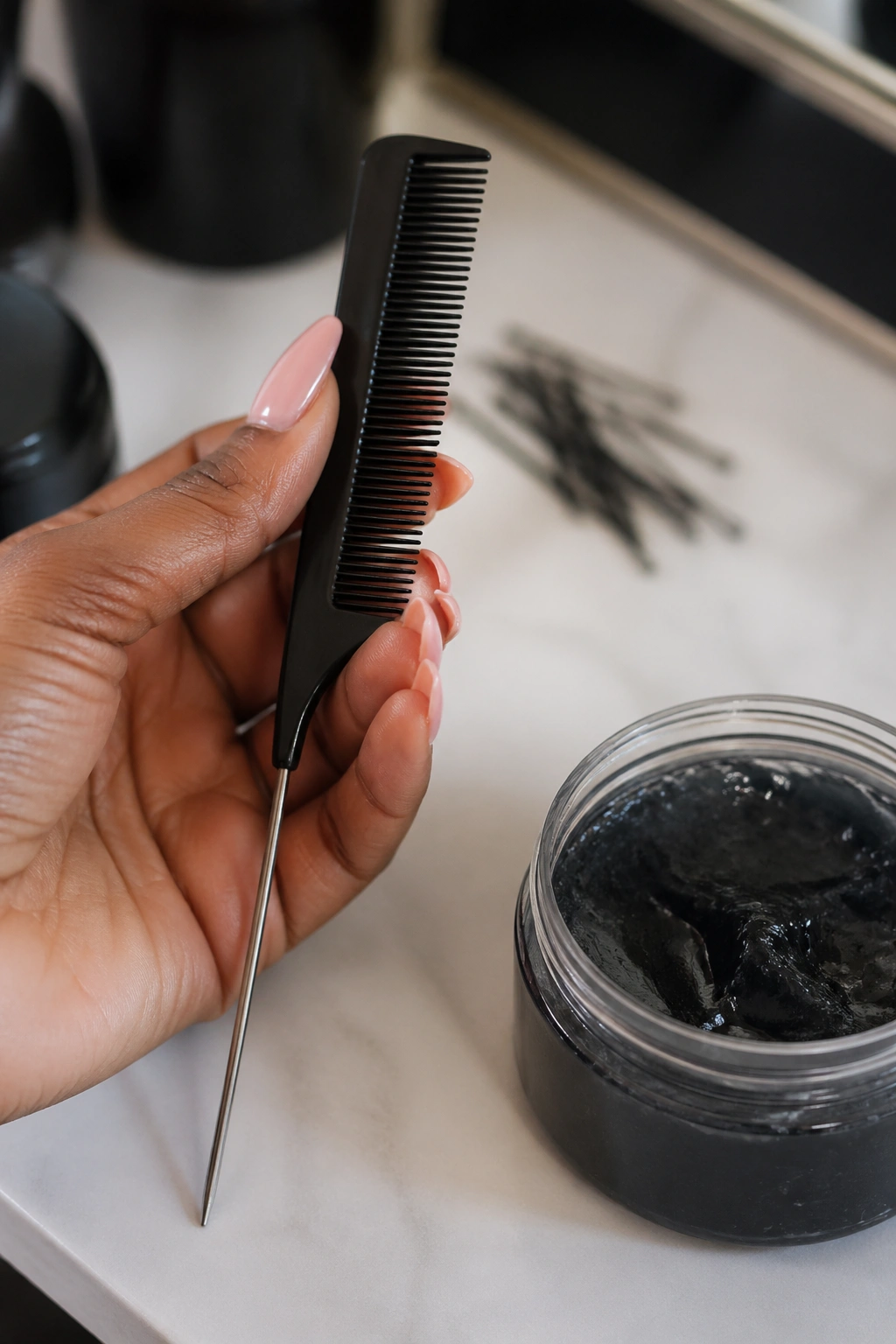 Macro close-up of cornrow tools including rat-tail comb and edge gel
