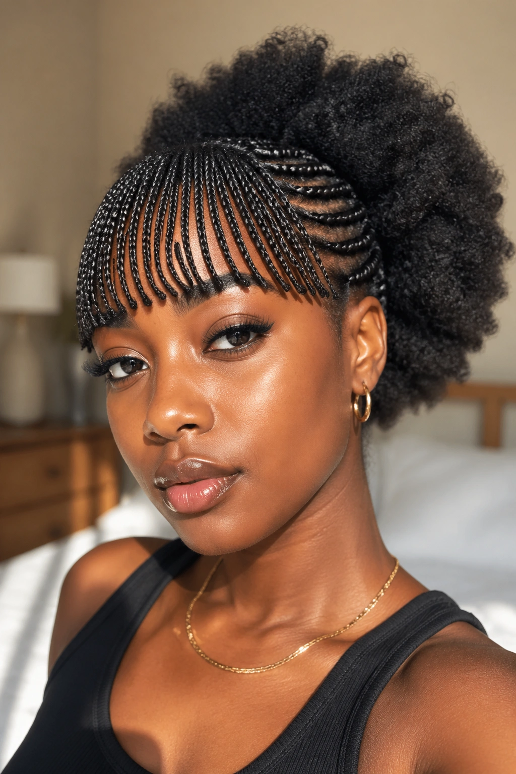 Close-up of a real woman with braided bangs and a back Afro