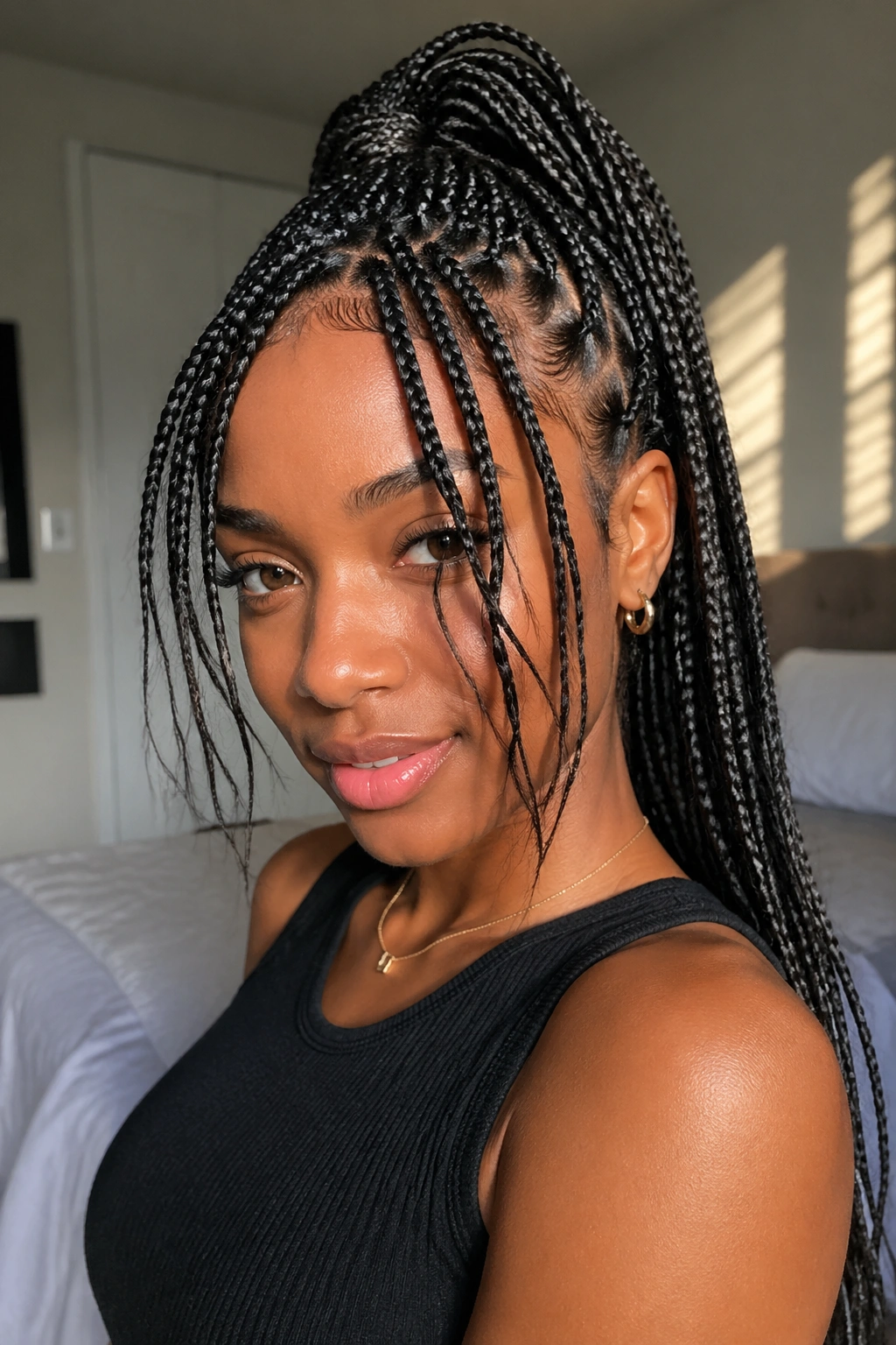 Real woman with braided bangs framing the face and high braided ponytail.