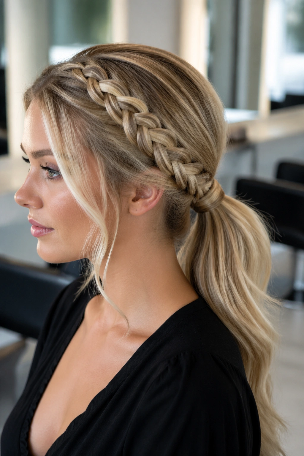 Close-up portrait of a woman with a braided-base blonde low ponytail anchored at the crown.