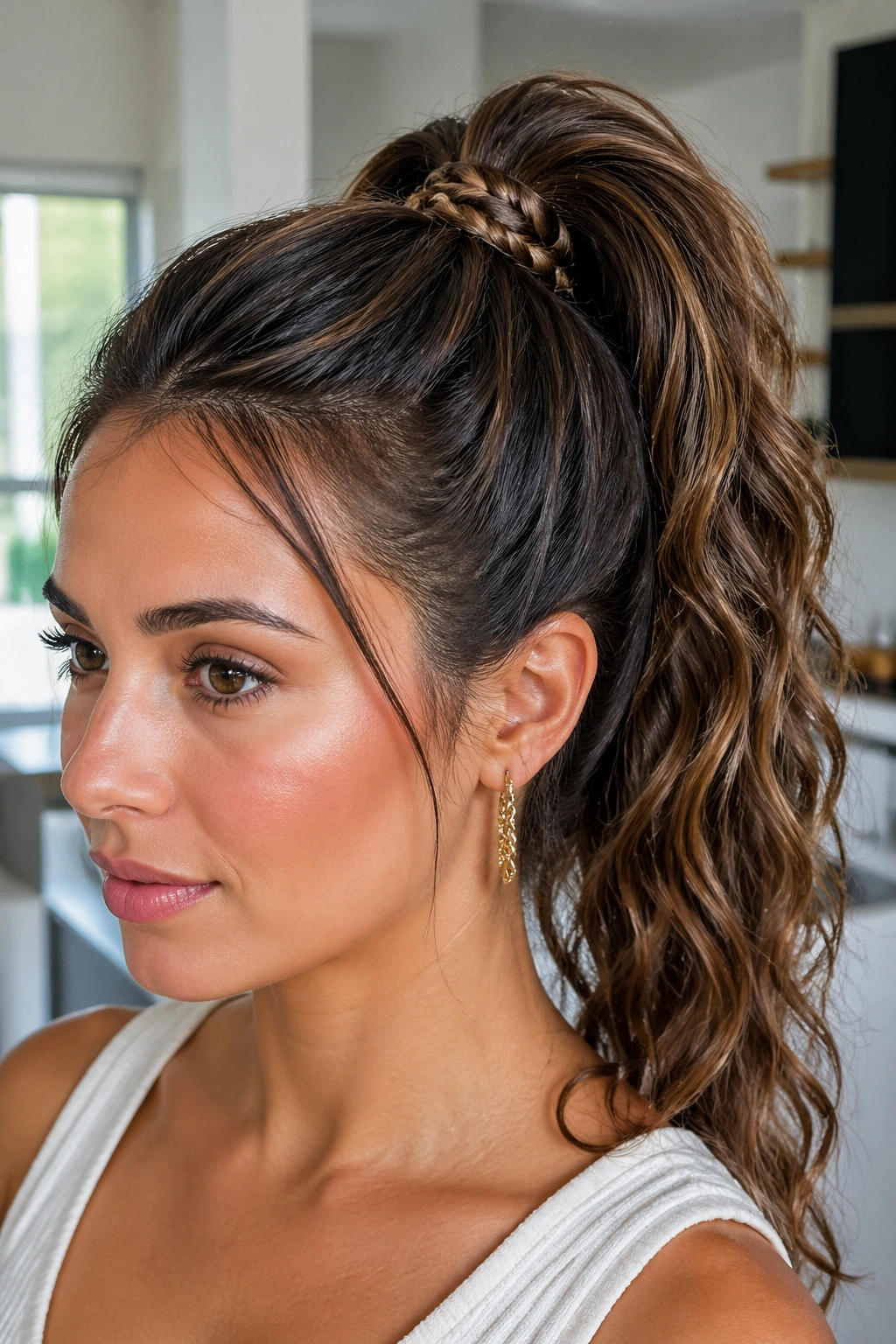 Close-up of a real woman with a braided base high ponytail in a bright room