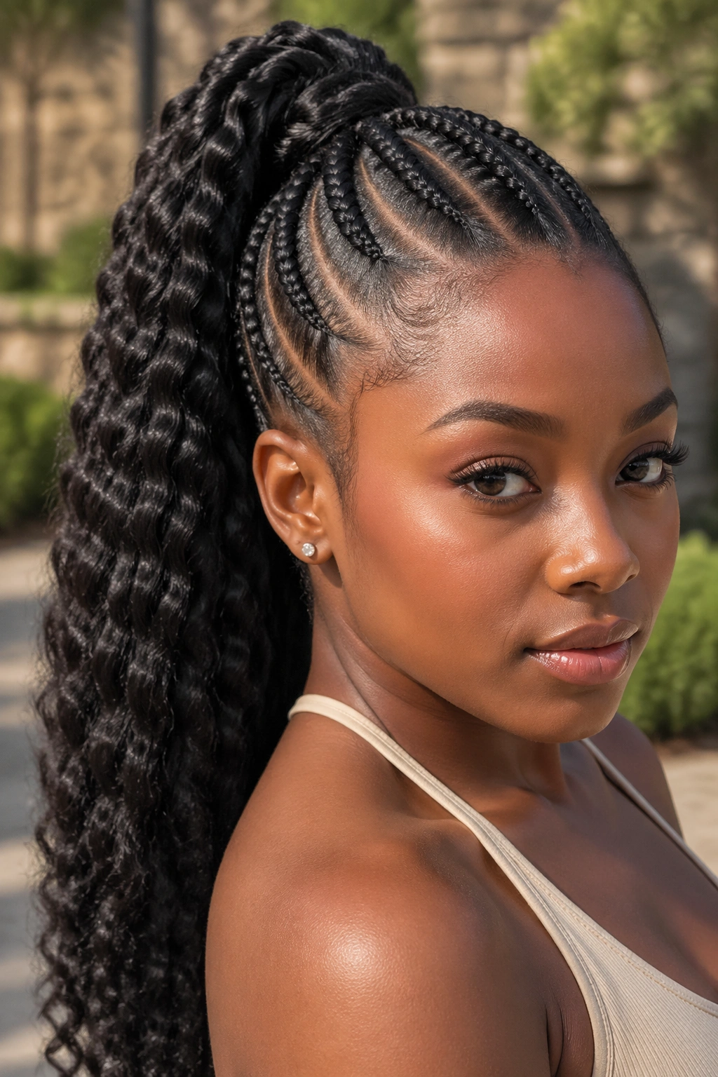 Close-up of a real Black woman with a braided-base ponytail in an outdoor courtyard