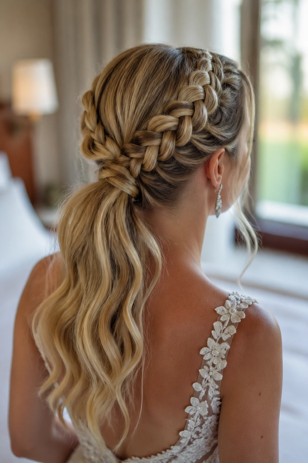 Close-up of real bride with Braided-Base Wavy Ponytail hairstyle