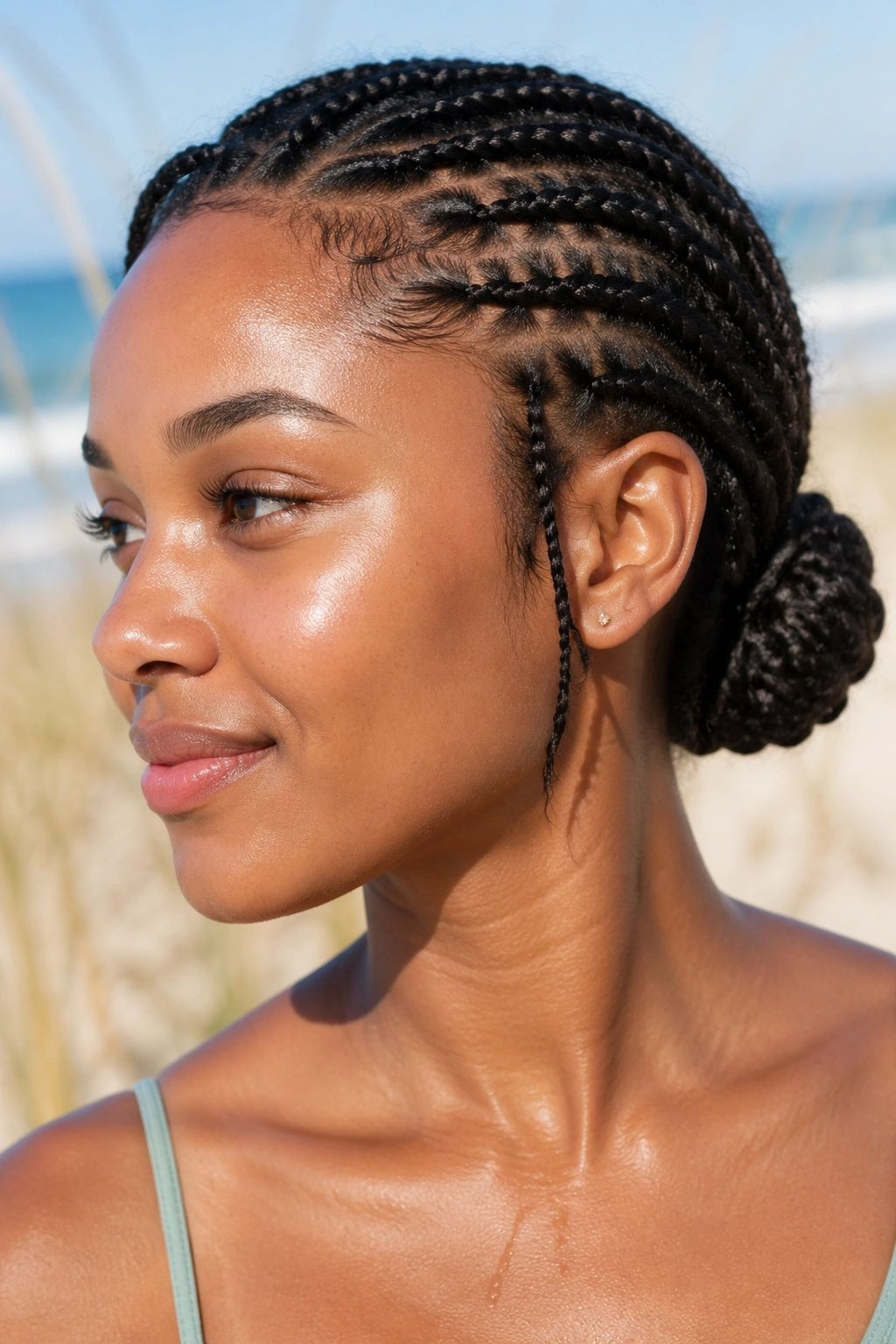 Close-up of braided bun at the beach