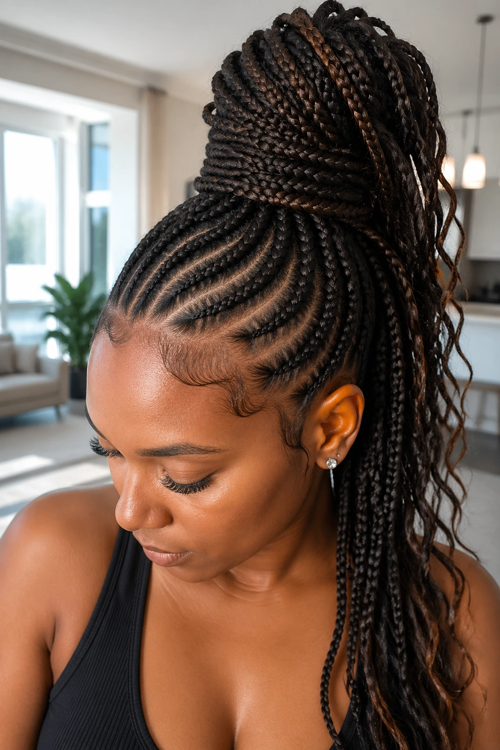 Portrait of a real woman with braided bun and free-flowing ends