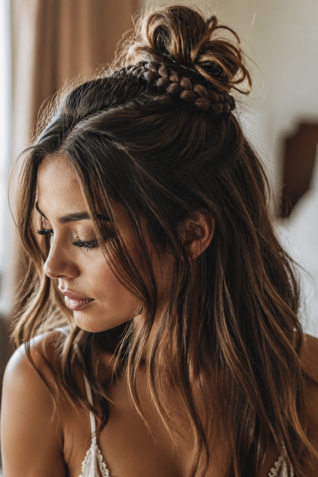 Close-up of real bride with messy braided bun accent and loose hair