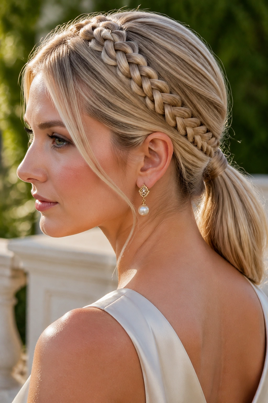 Real woman with braided-crown blonde low ponytail in sunlit garden