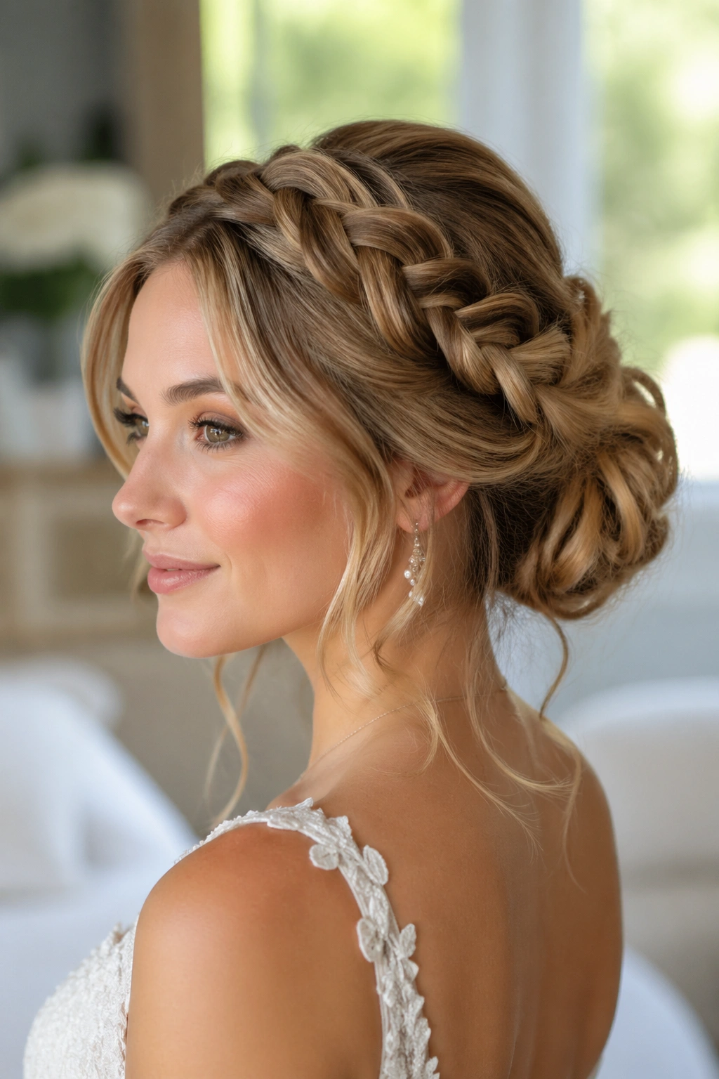 Real woman with braided crown bun and soft volume, waves around face