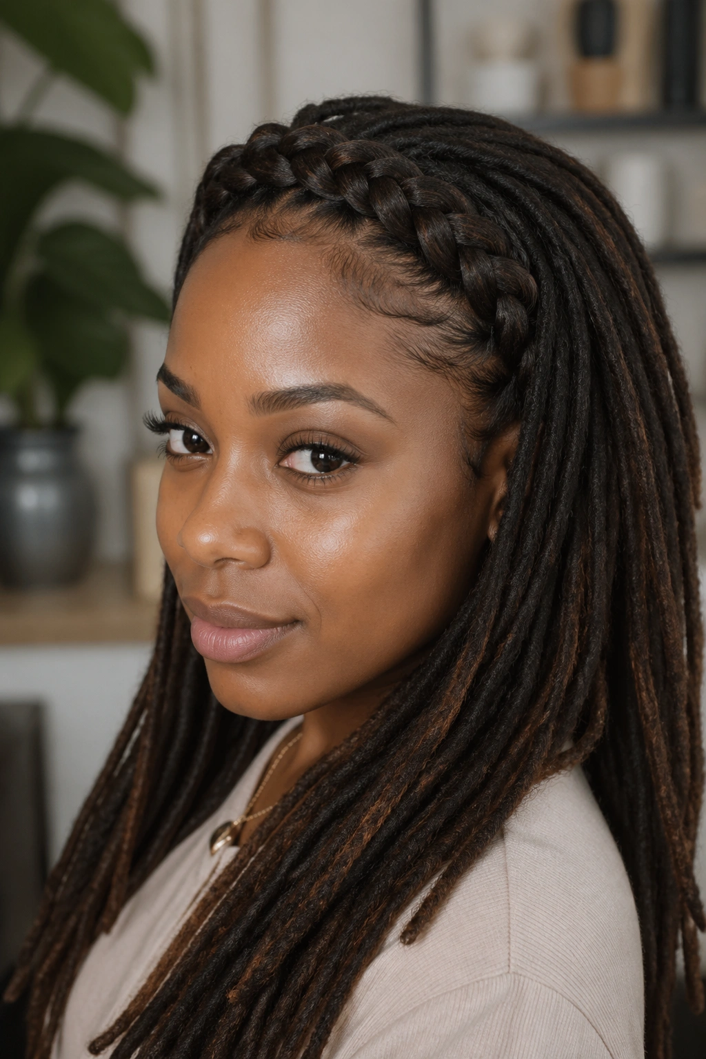 Close-up of a real woman with a braided crown across the front