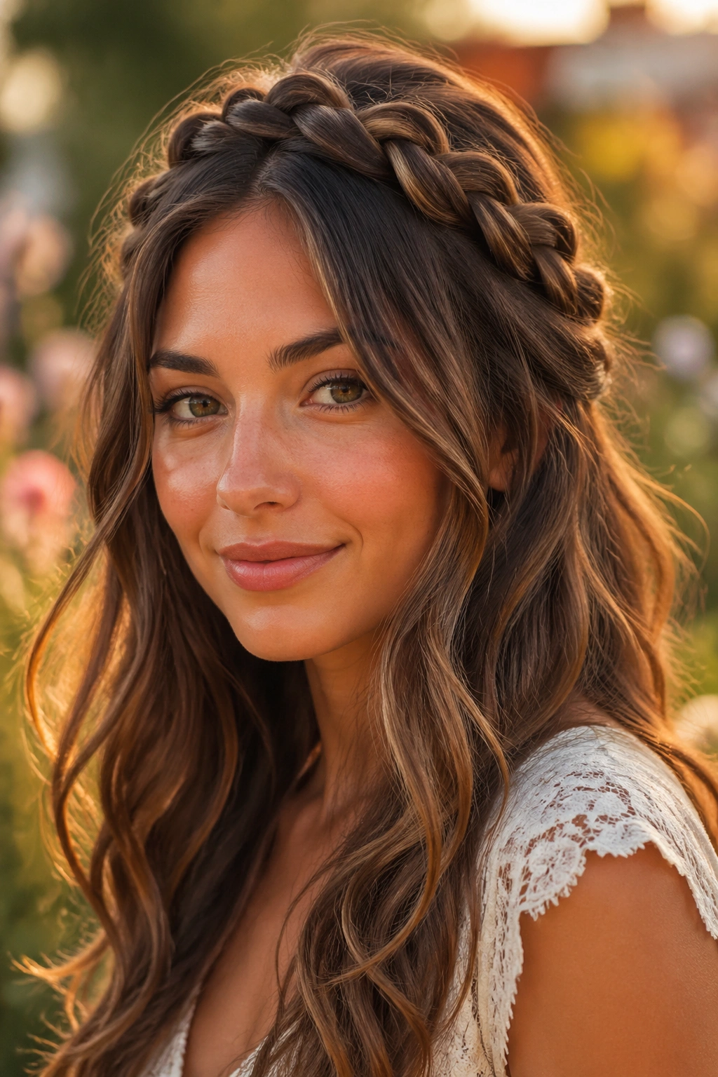 Close-up portrait of a woman with a braided crown and loose waves.