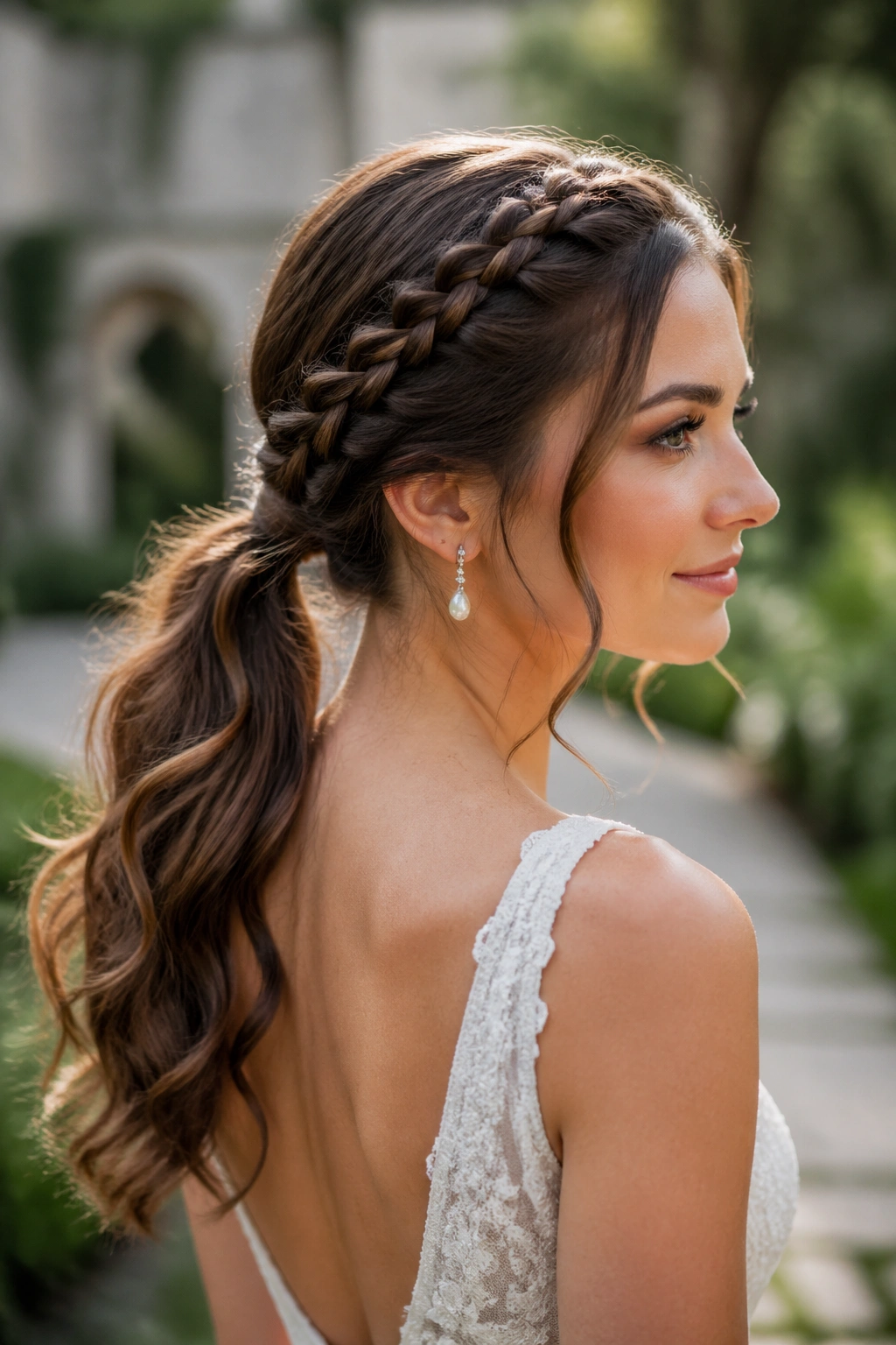 Close up of a real bride with Braided Crown into a Low Ponytail showing a crown braid flowing into a low tail