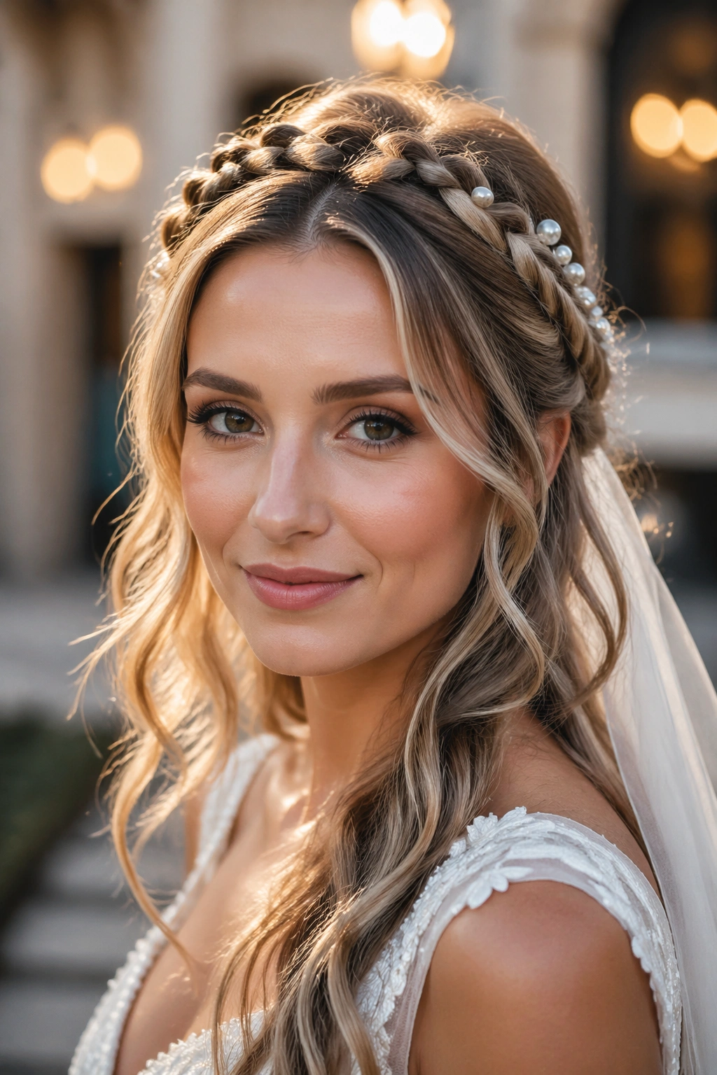 Bride wearing a braided crown with pearl pins