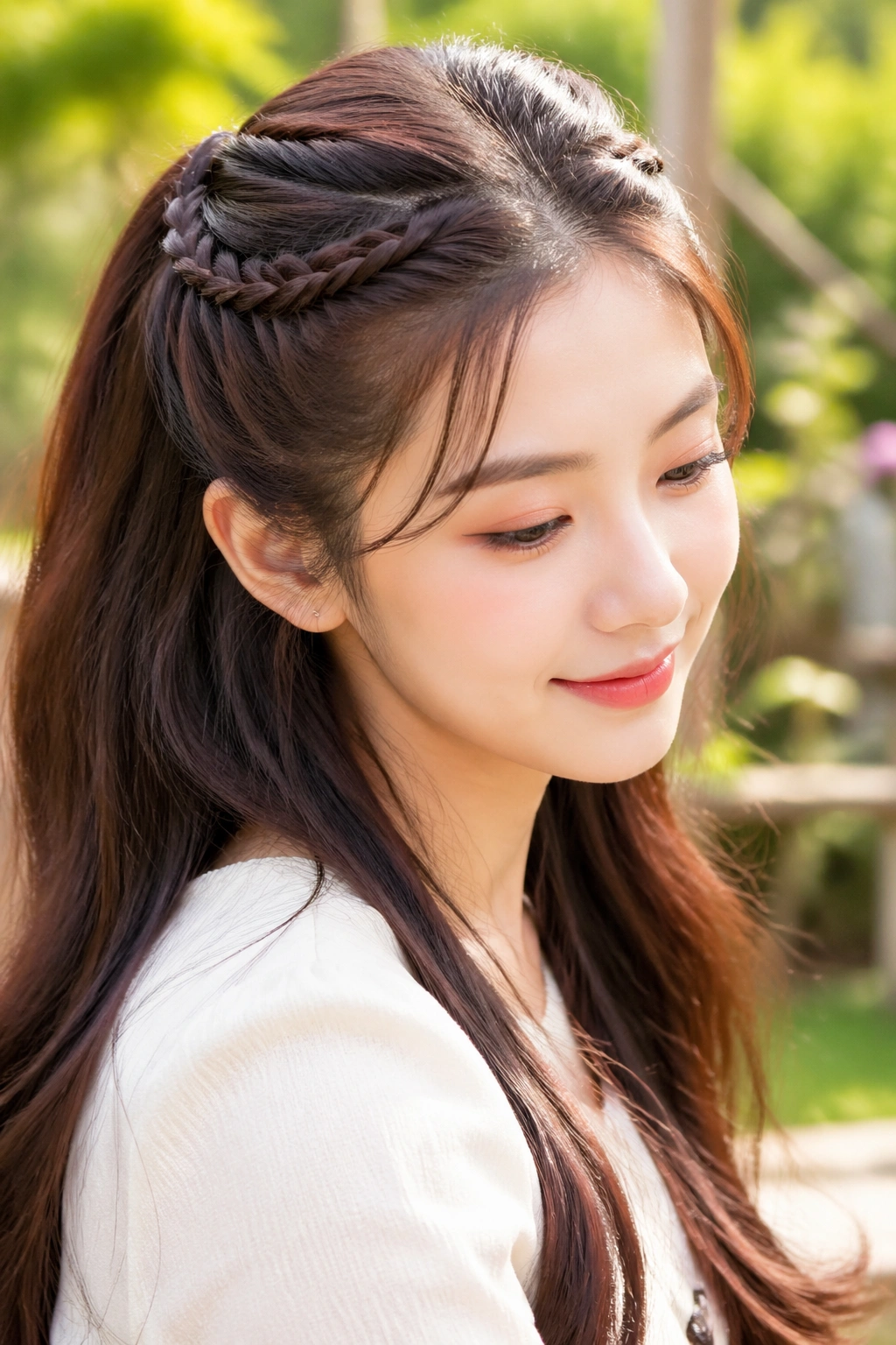 Real woman with a mini braided crown half ponytail in a sunlit garden