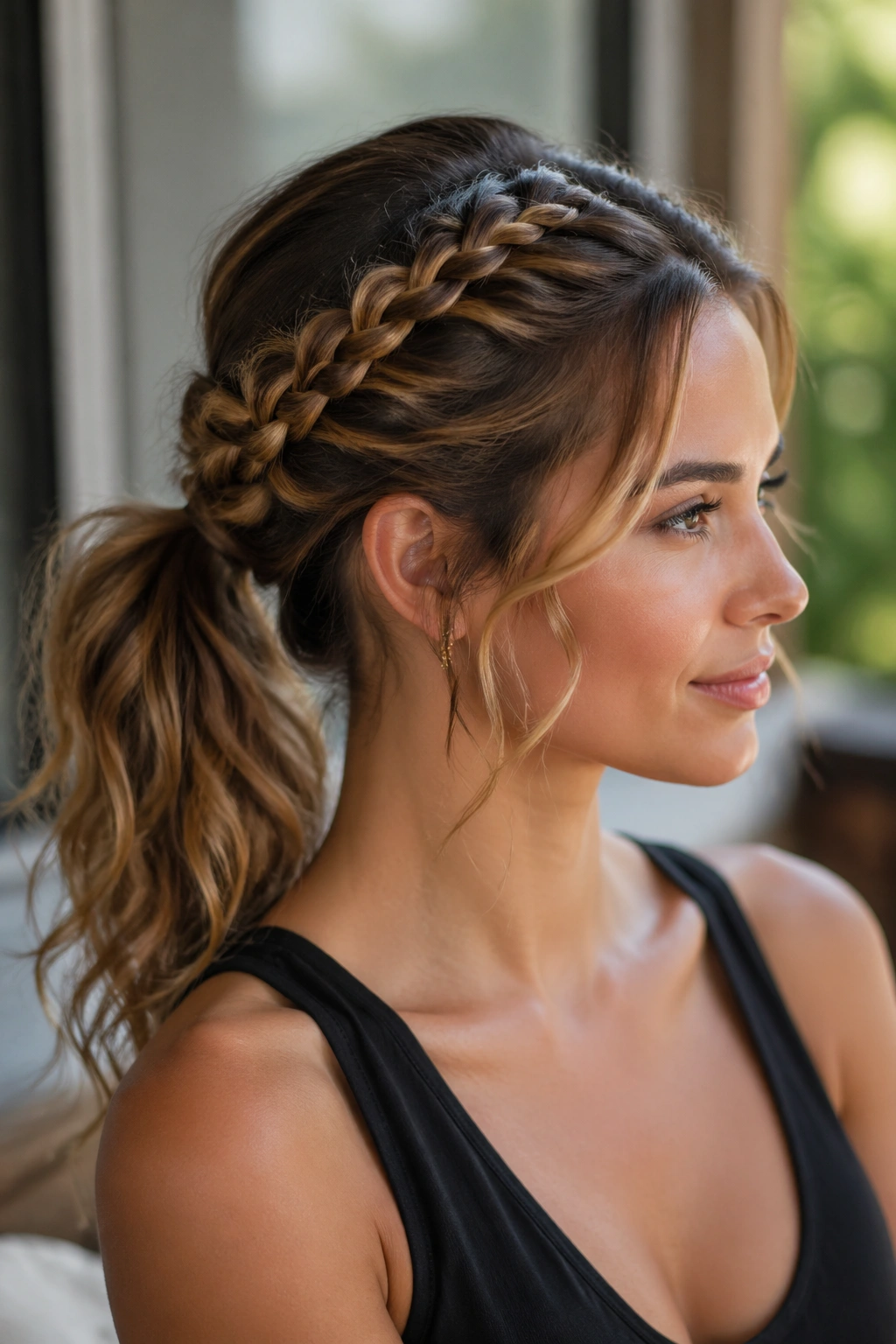 Close-up of a real woman with a braided crown and ponytail in daylight