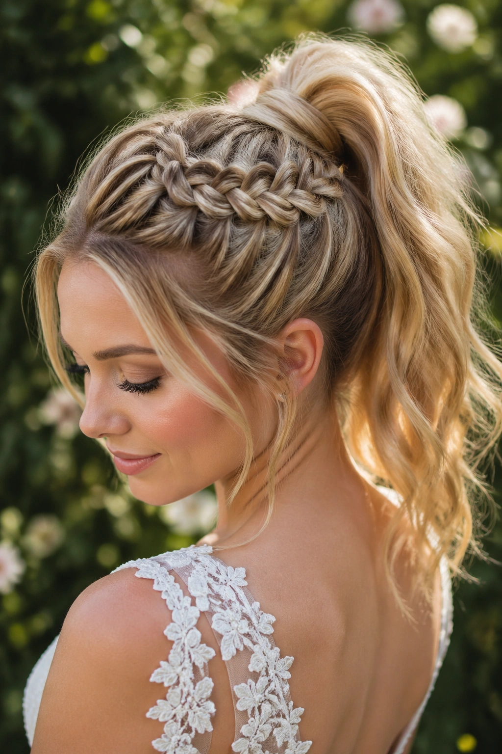 Close-up of a real woman with braided crown feeding into a high ponytail