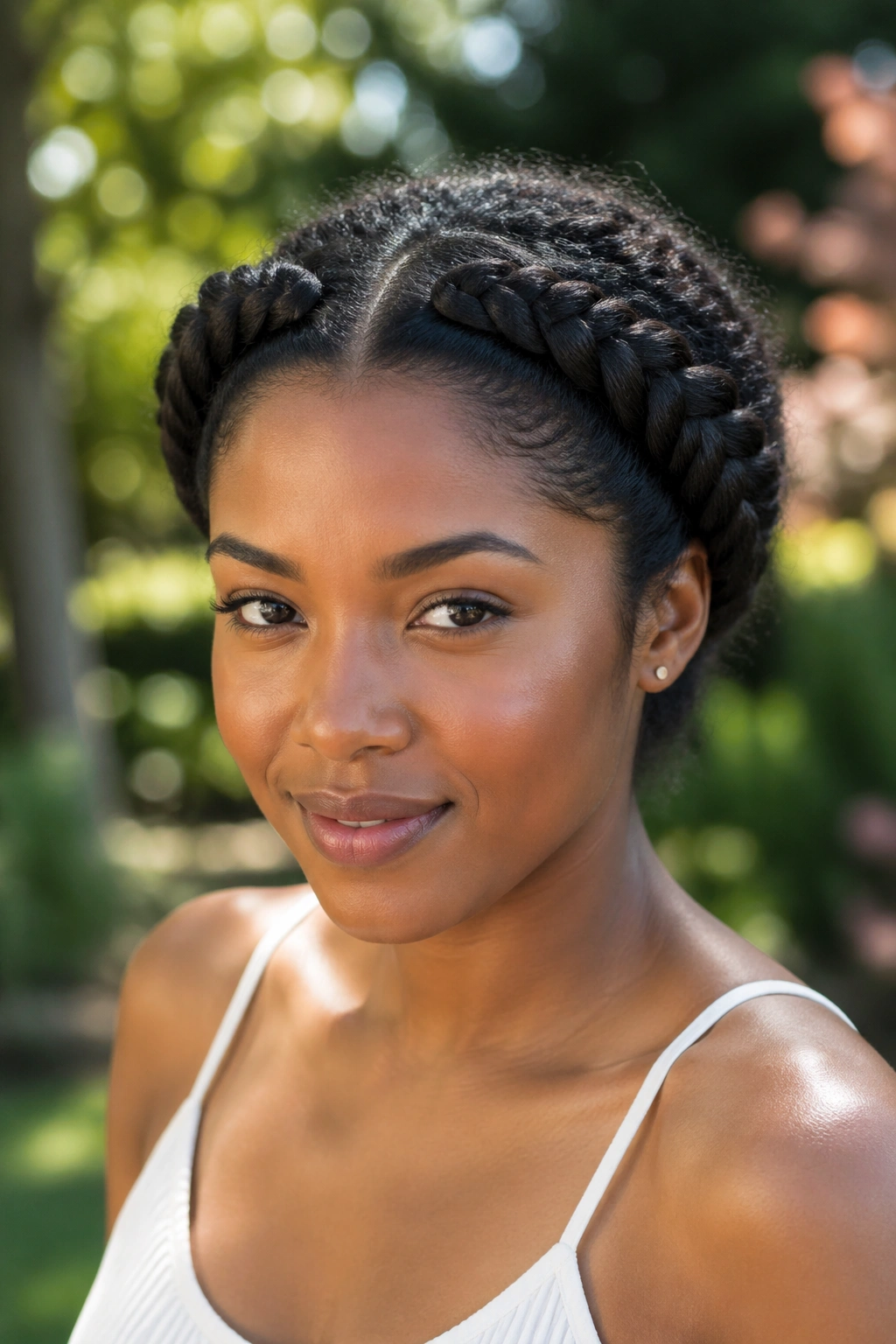 Close-up of a real woman wearing a braided crown outdoors