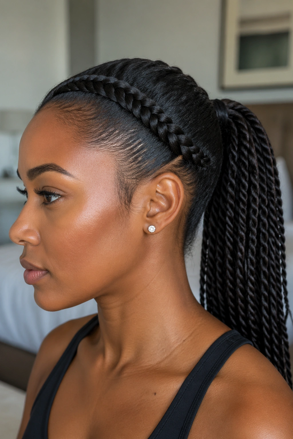 Close-up of a real woman with a crown braid and twist ponytail