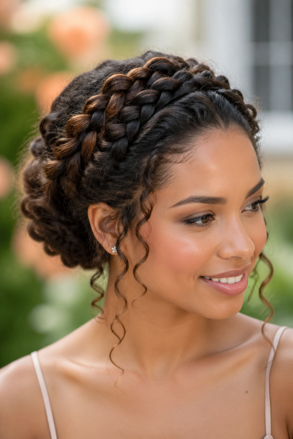 Portrait of a woman wearing a braided crown updo