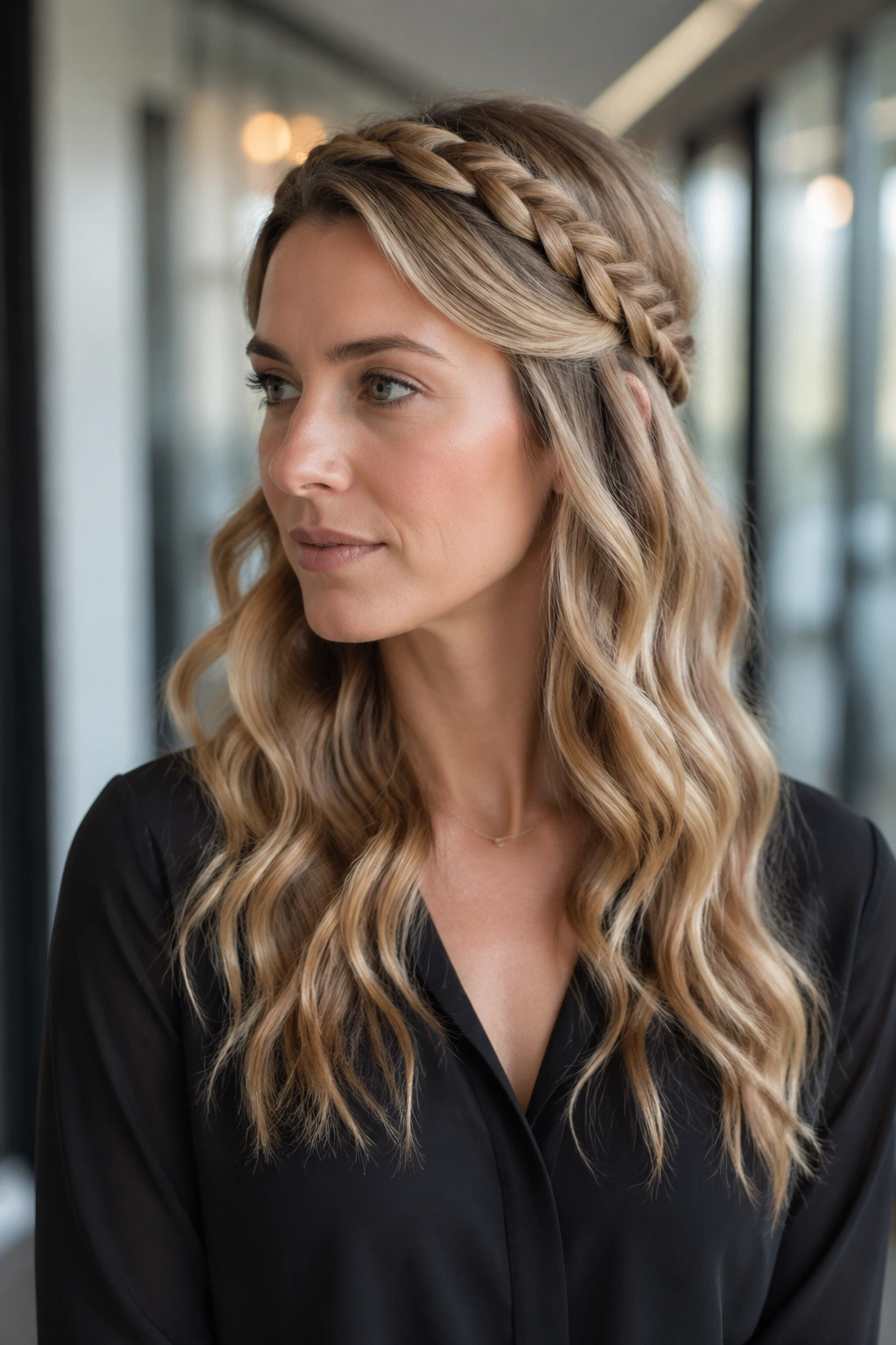 Real woman with braided crown and waves in an office setting