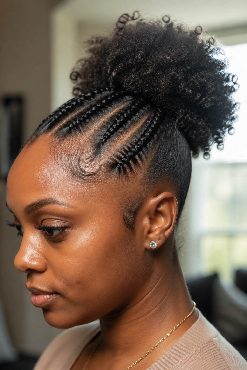 Close-up of a real woman with braided edges and a high puff