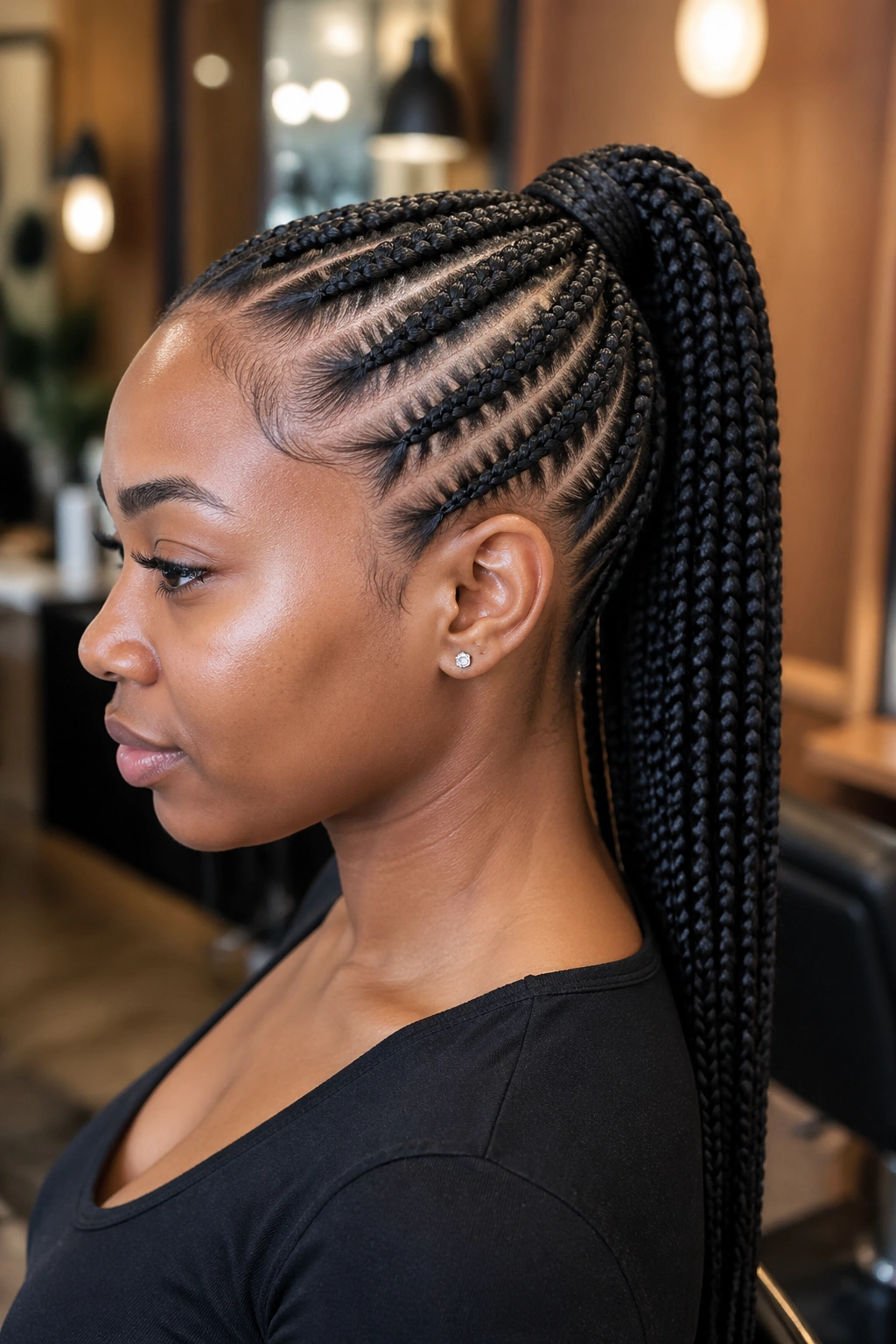 Close-up of real Black woman with braided feed-in ponytail and neat transition