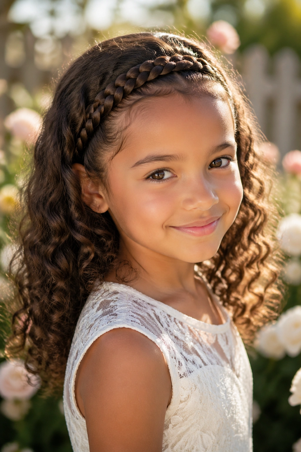 Close-up of a real girl with a braided headband and curly down hairstyle