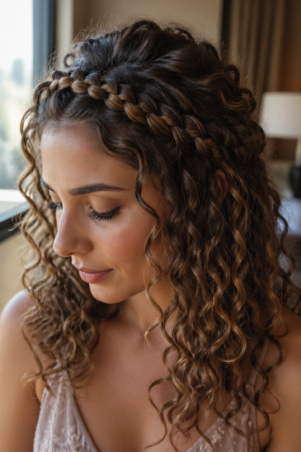 Close-up of real woman with braided headband across hairline and loose curls