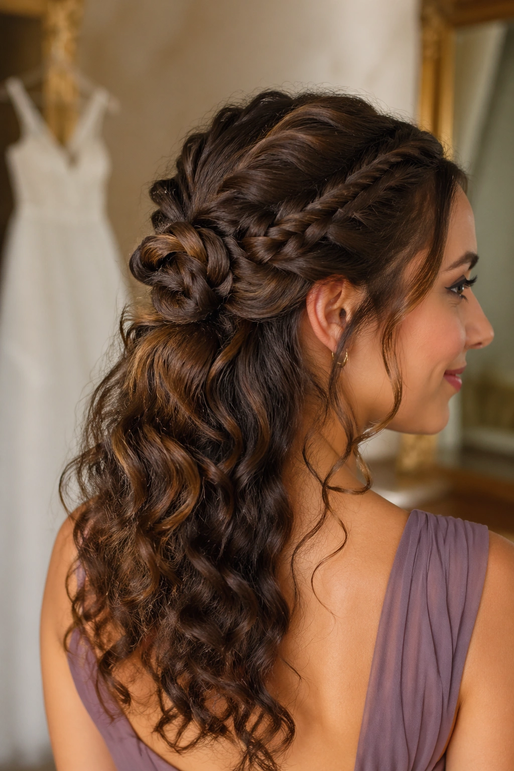 Real woman with braided knot half up and soft curled ends in a bridal dressing room.