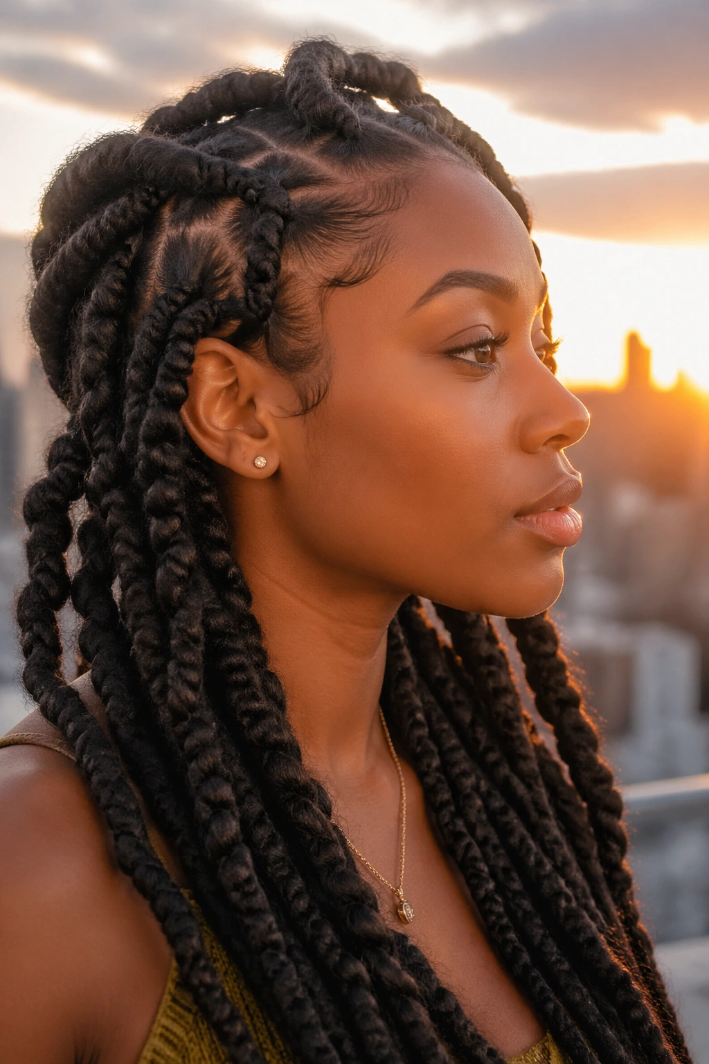 Portrait of a real woman with braided locs showing thick rope-like plaits outdoors at golden hour