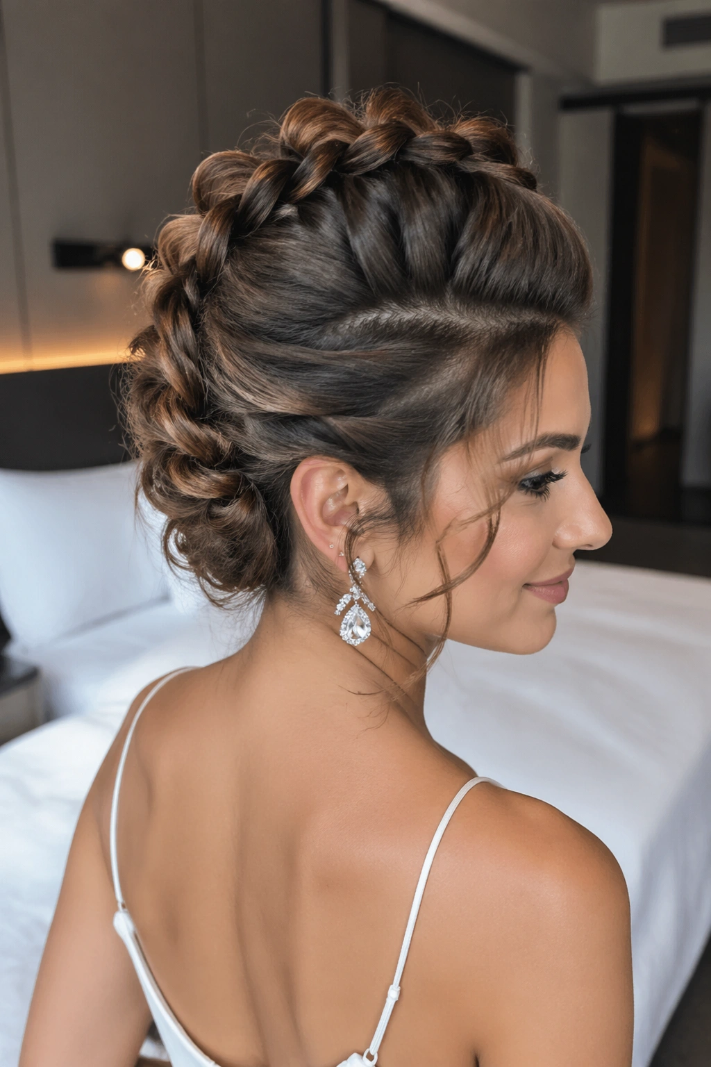 Close-up of a real woman with braided mohawk updo and soft waves.