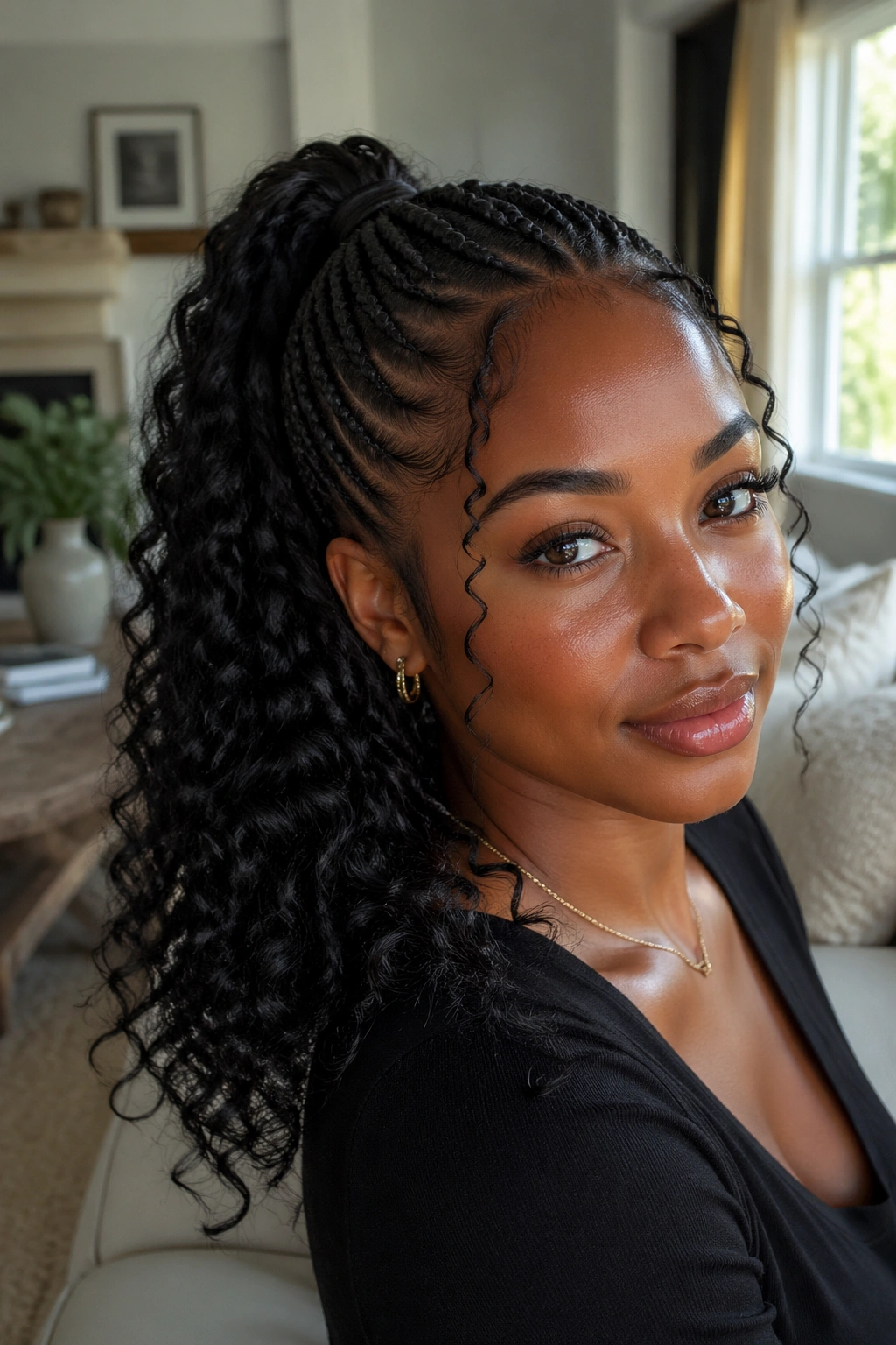 Close-up of a real Black woman with a braided ponytail and curly ends in sunlit living room