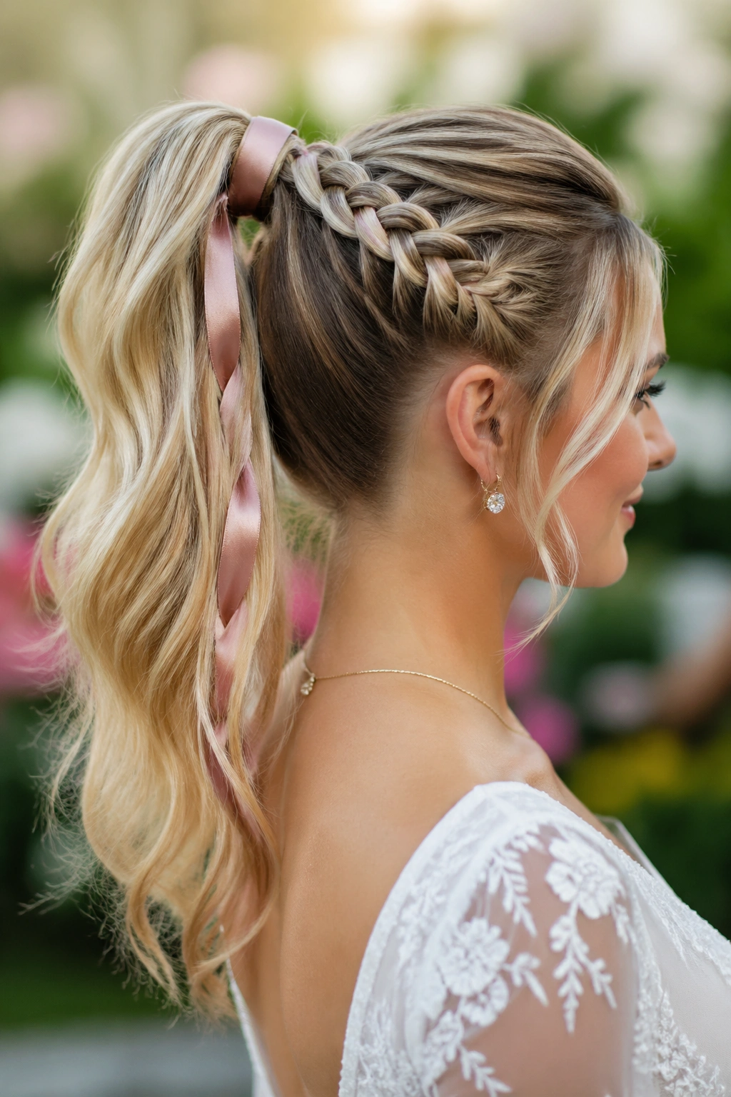 Real bride with braided ponytail woven through with ribbon
