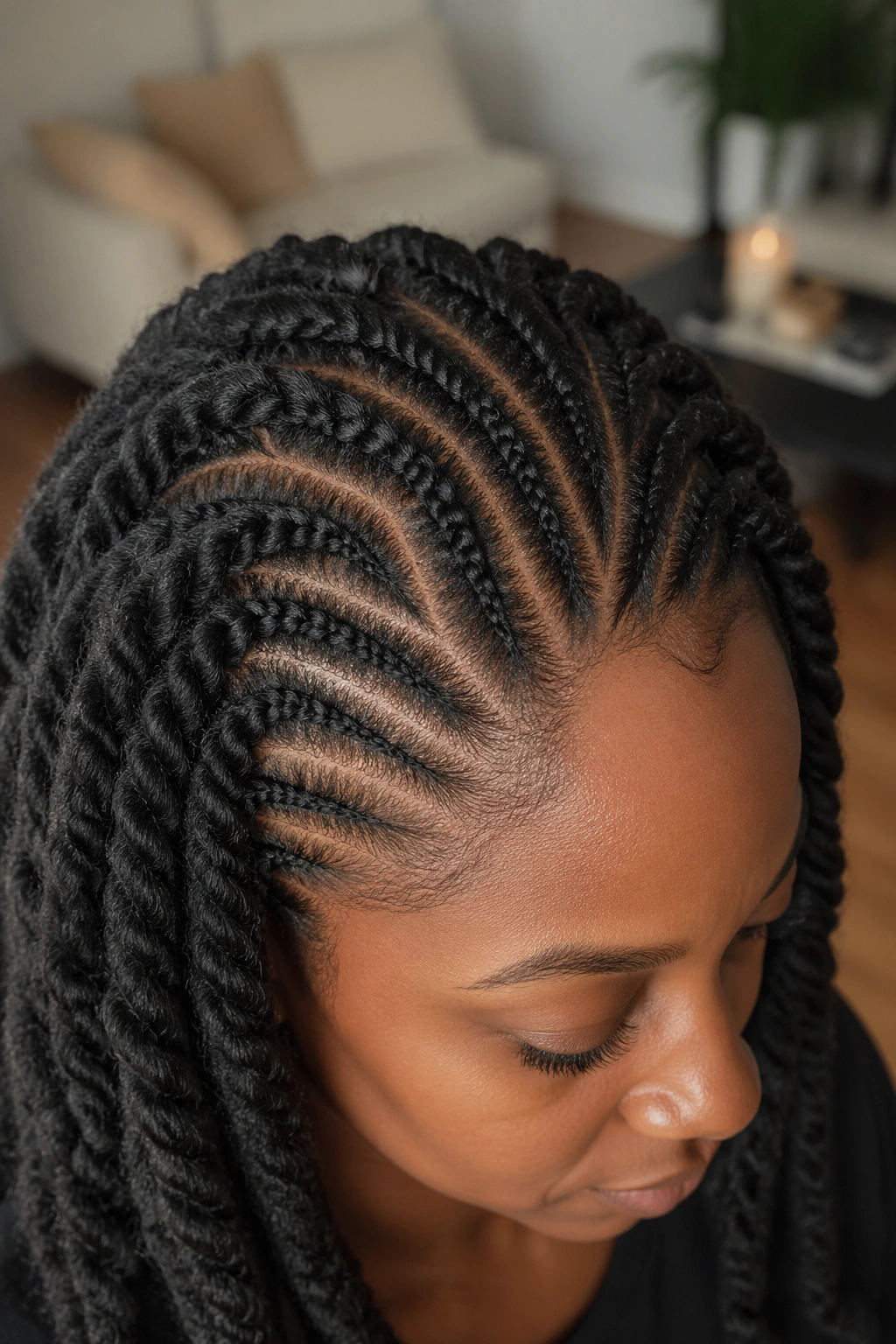 Close-up of braided-root Marley twists on a real woman