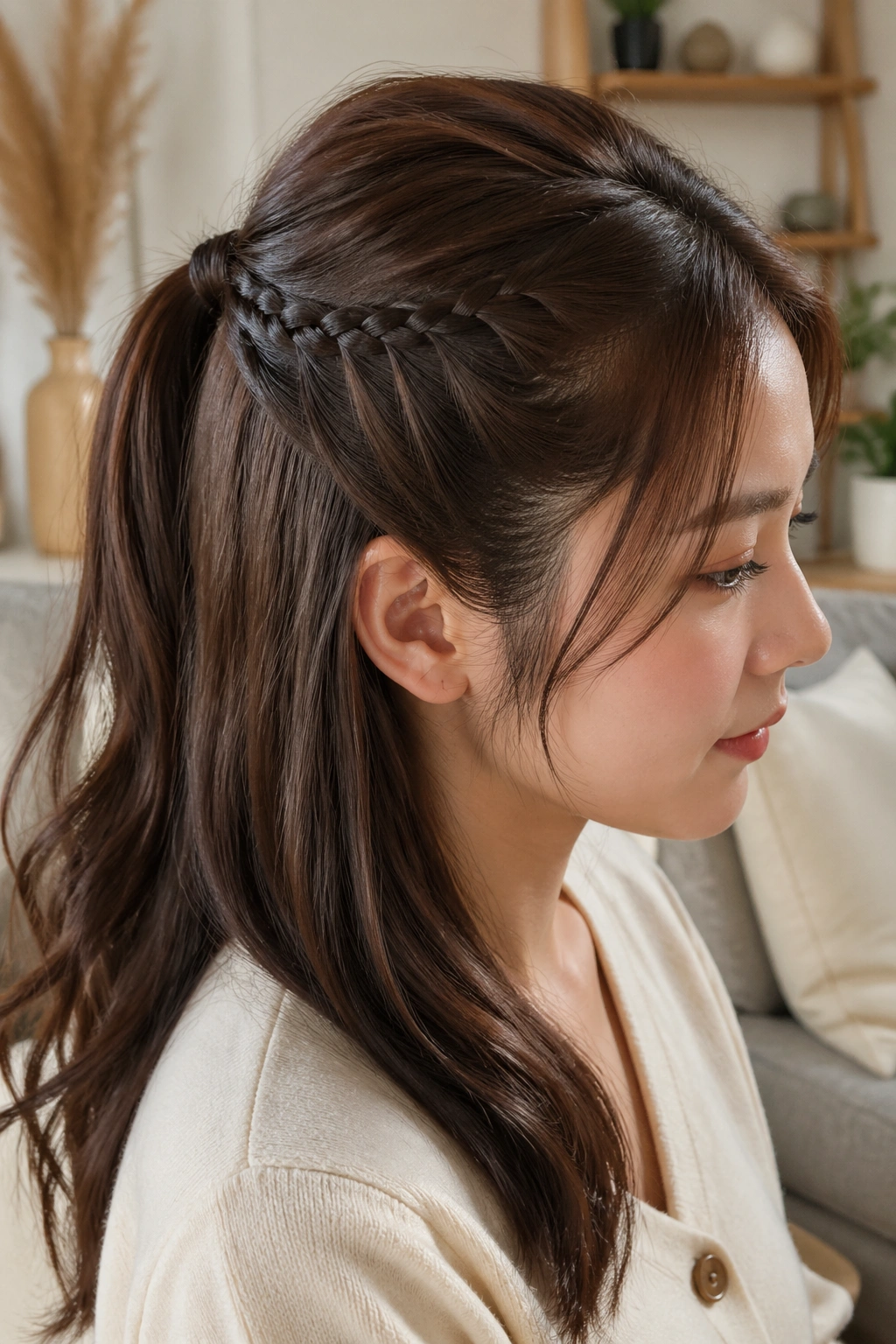 Close-up of a real woman with a braided side-detail half ponytail