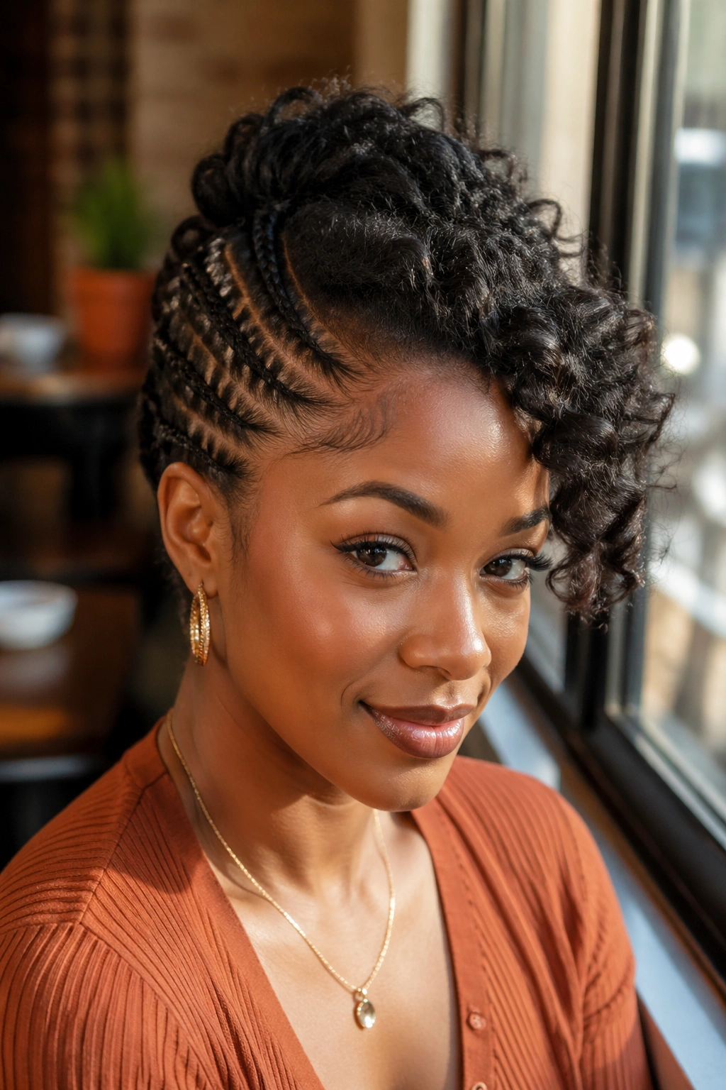 Close-up of side pin-up with braided section on a real woman.