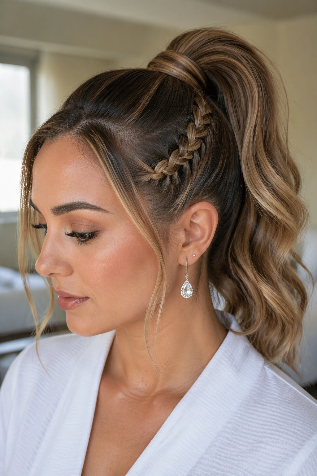 Close-up of a real bride with braided side panel high ponytail