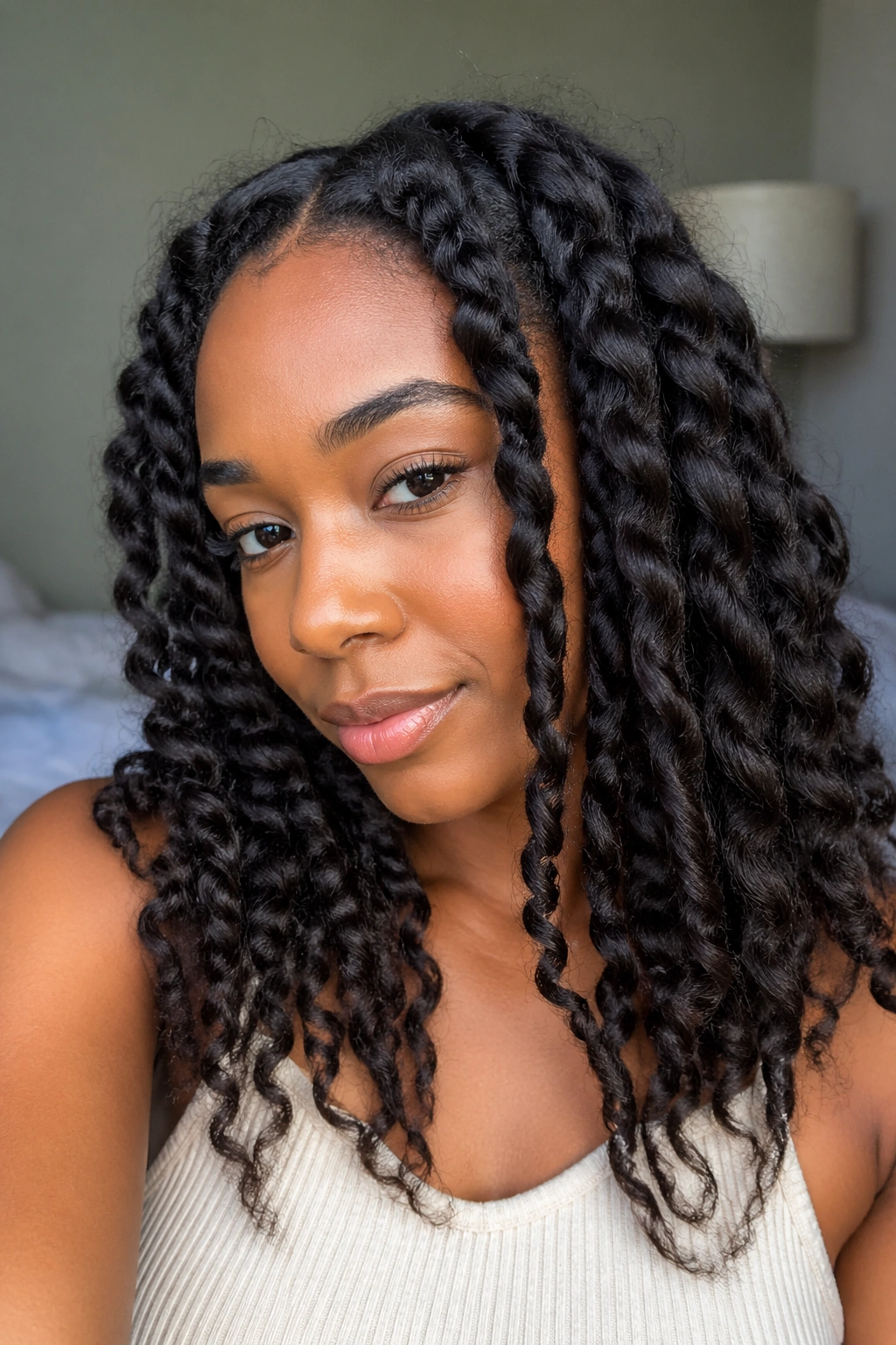 Close-up of a real woman with braided stretch twist-out hairstyle showing stretched waves and twists.