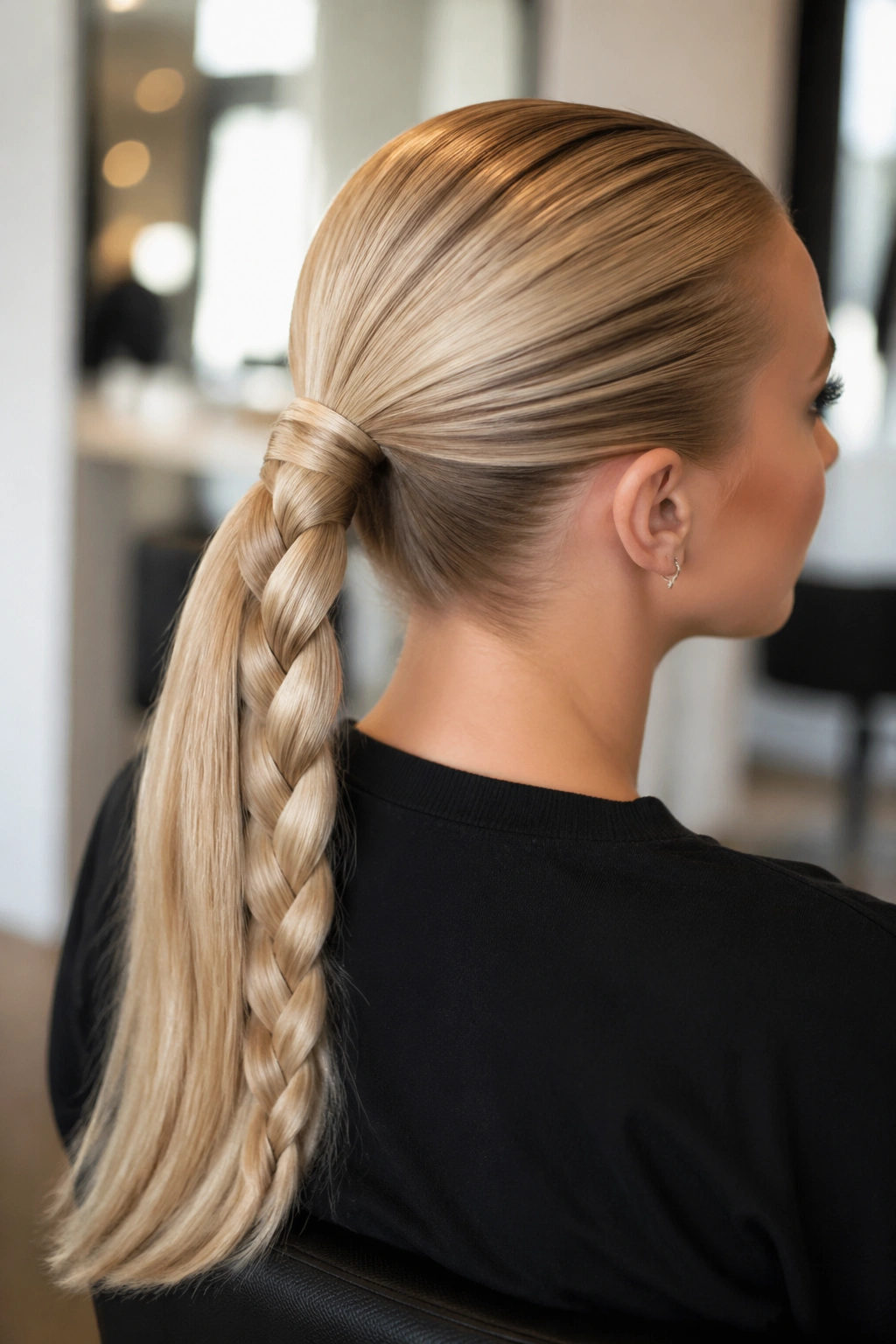 Close-up portrait of a real blonde woman with a braided tail ponytail