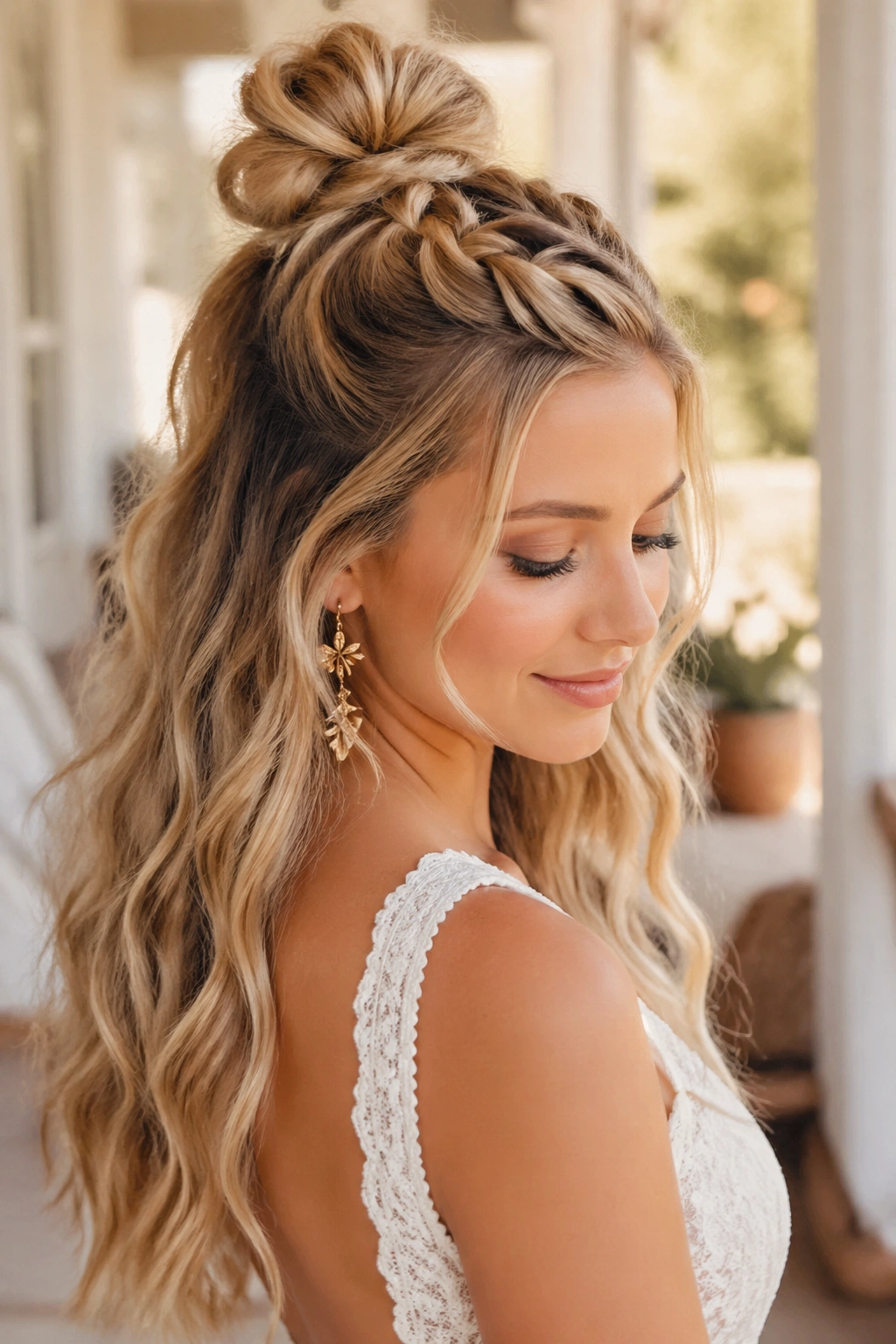 Close-up of real bride with braided top knot accent and flowing hair