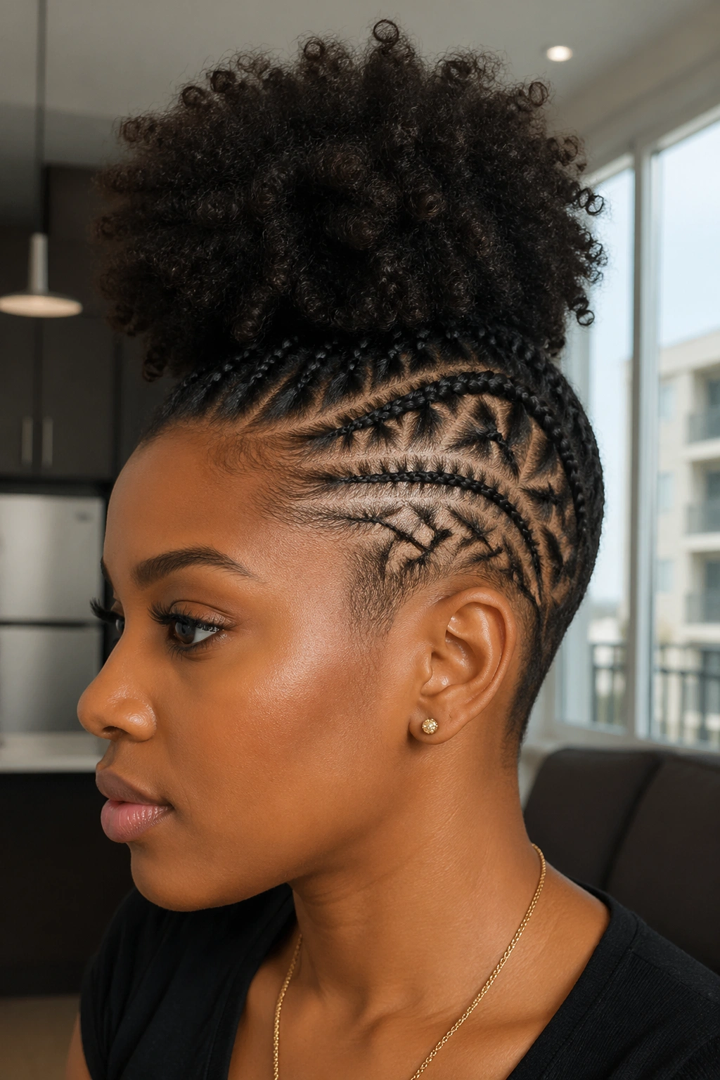 Close-up of a real person with braided undercut design and puff hairstyle