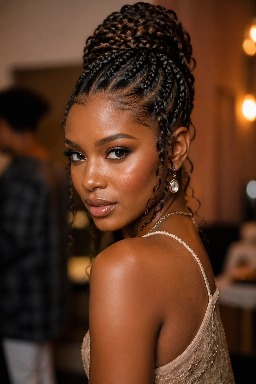 Braided updo with curly trailing pieces on a real woman