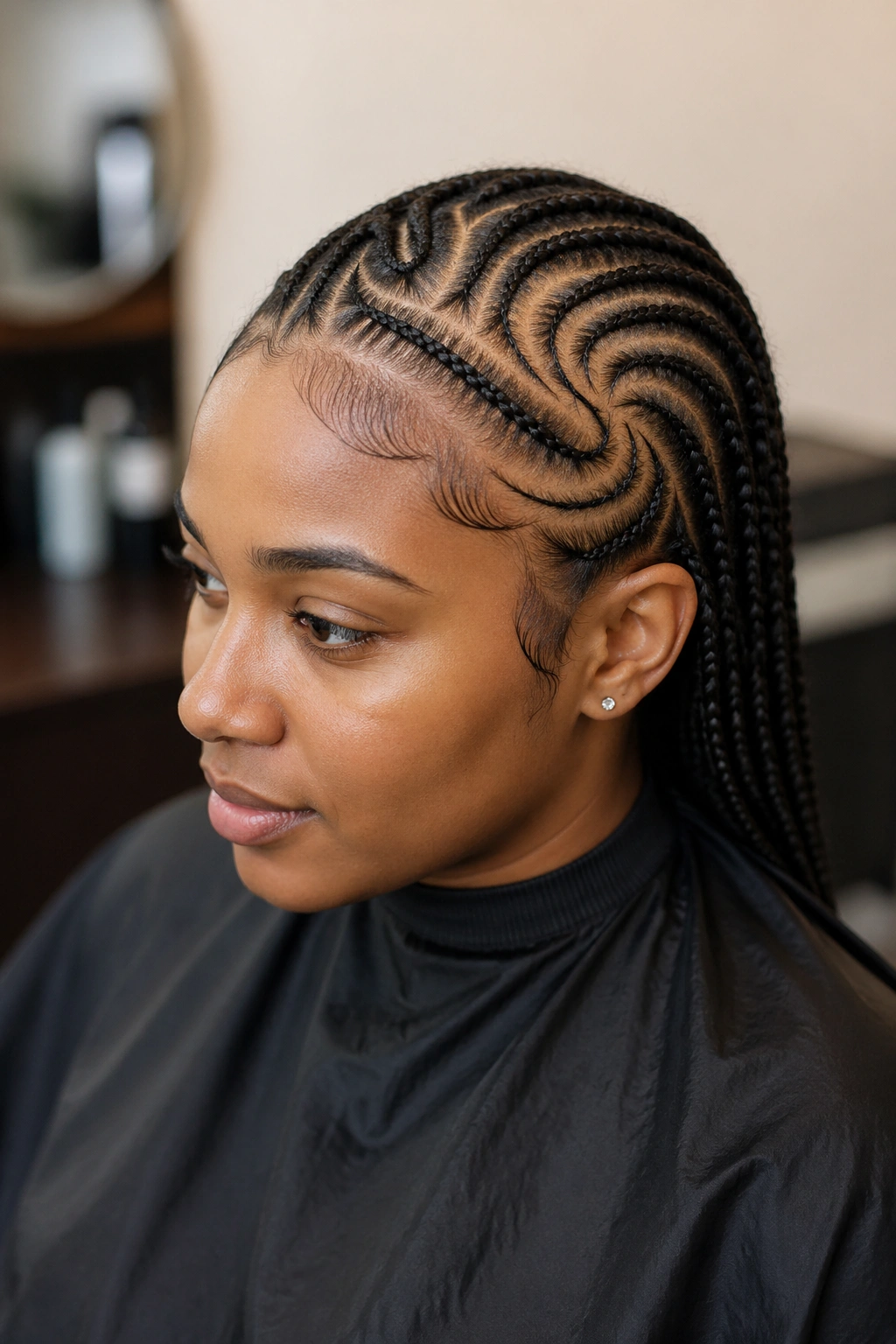 Portrait of a real person in a salon, hair styled in a freehand pattern