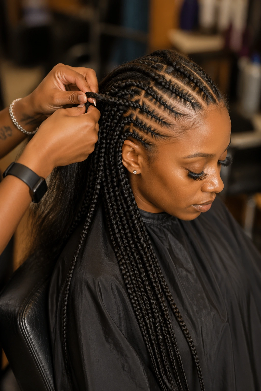Salon braiding session in progress for knotless cornrows and box braids