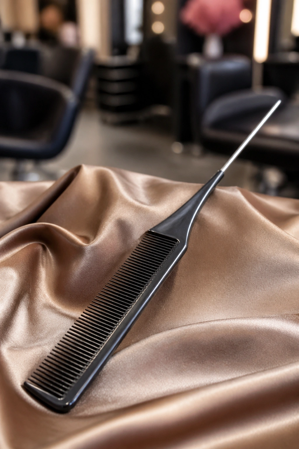 Close-up of a fine-tooth rat-tail comb for braiding