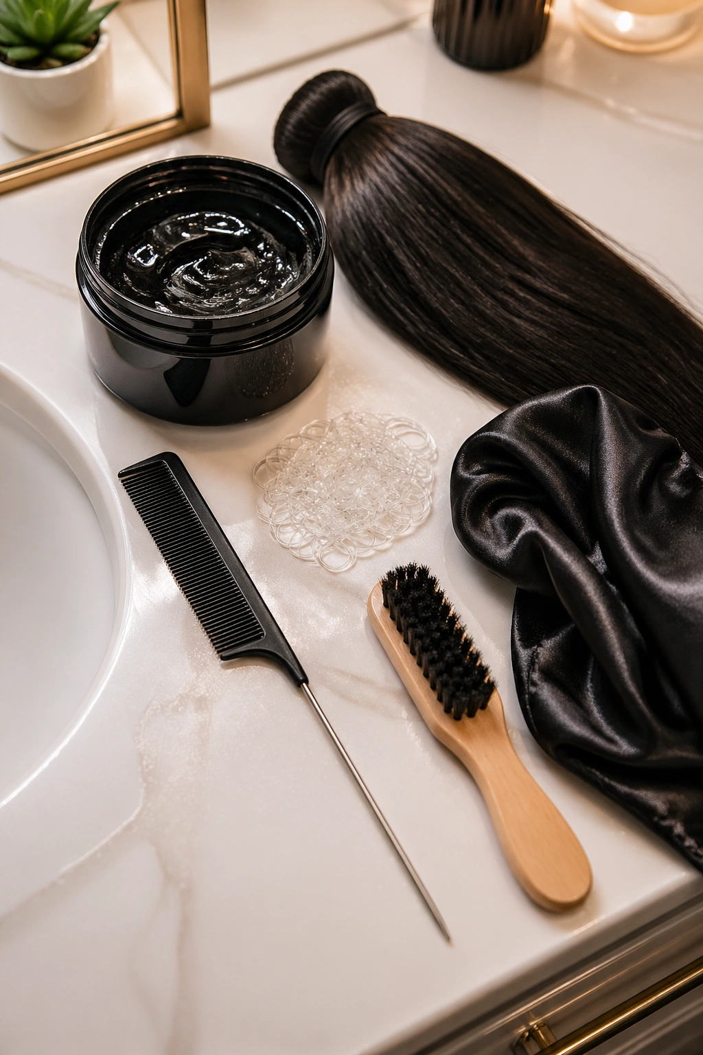 Macro shot of braid tools including rat-tail comb, edge gel, pre-stretched Kanekalon hair